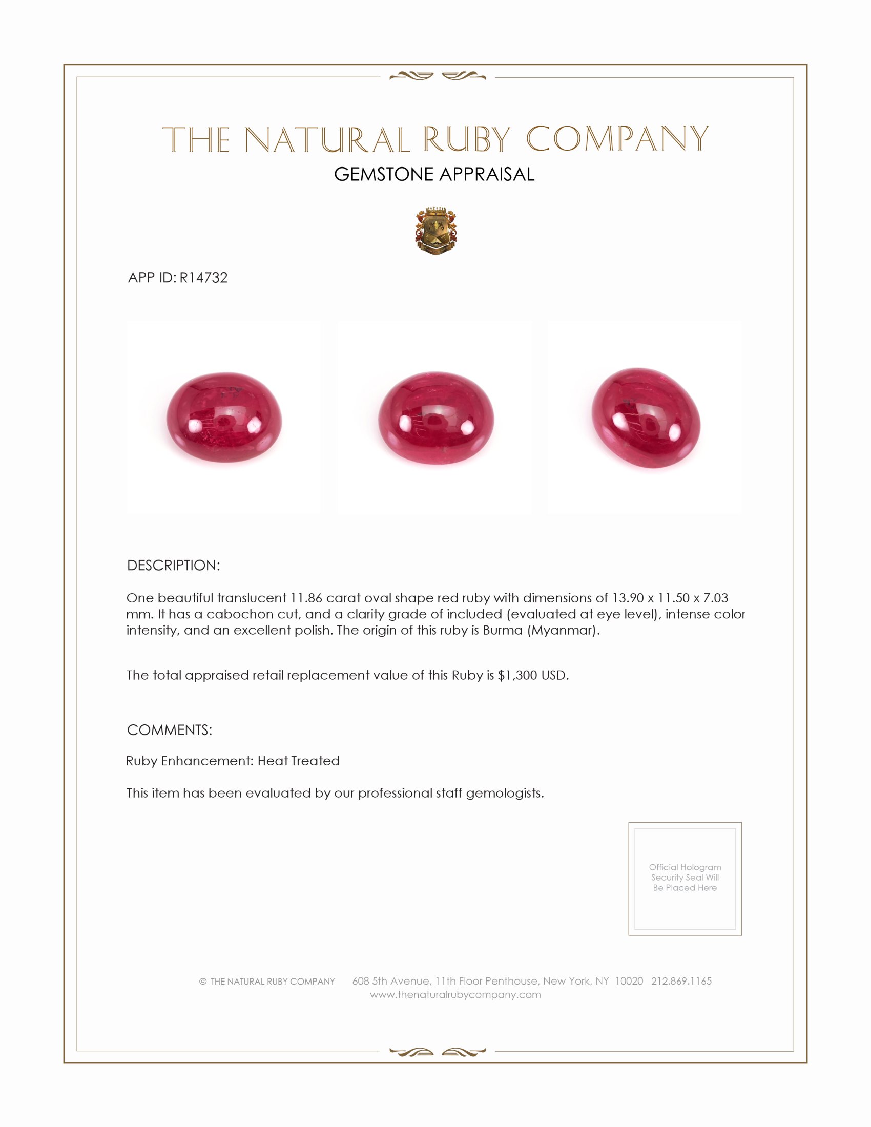 11.86 Ct. Cabochon Ruby from Burma (Myanmar)