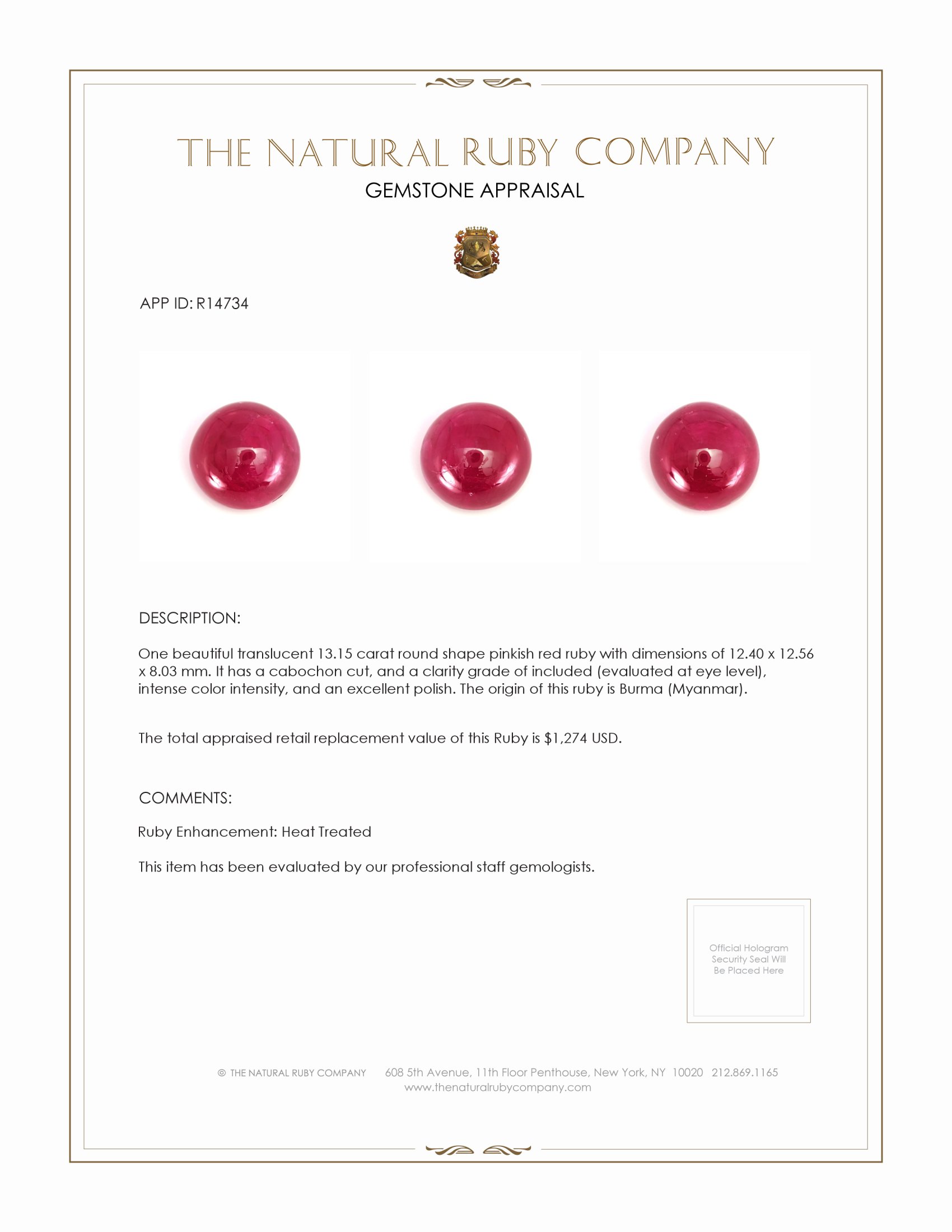 13.15 Ct. Cabochon Ruby from Burma (Myanmar)