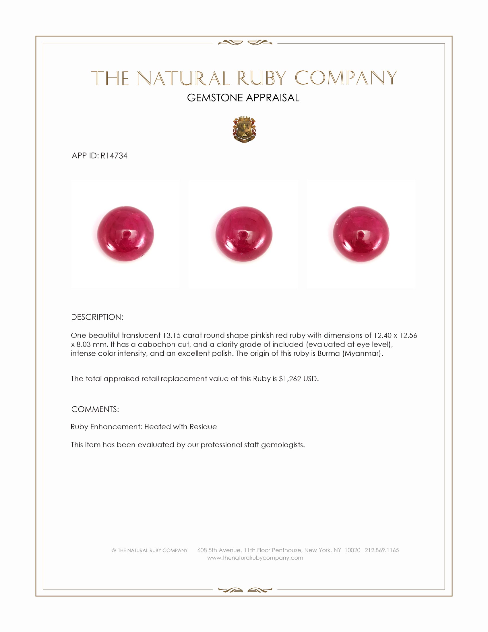 13.15 Ct. Pinkish Red Cabochon Ruby from Burma (Myanmar)