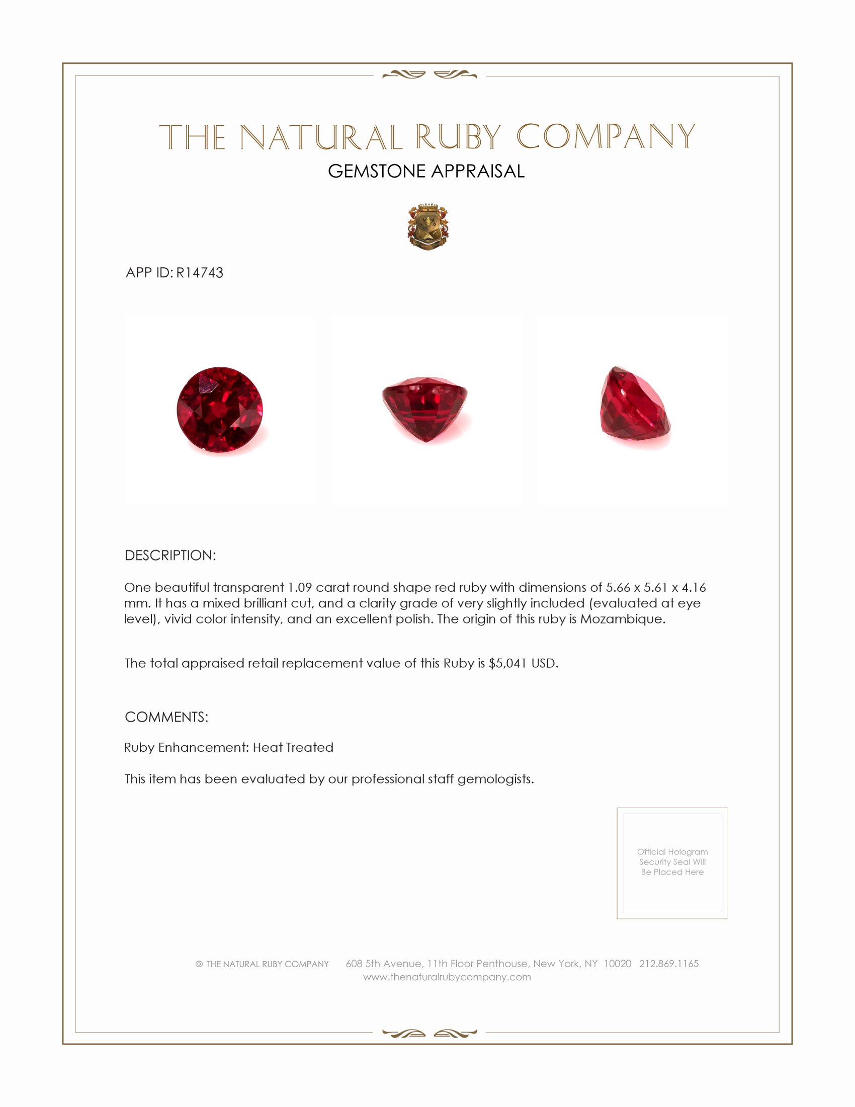 1.09 Ct. Ruby from Mozambique