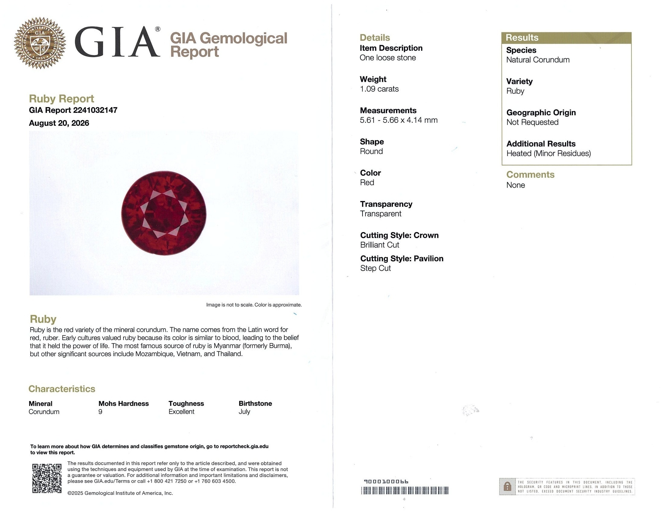 1.09 Ct. Ruby from Mozambique