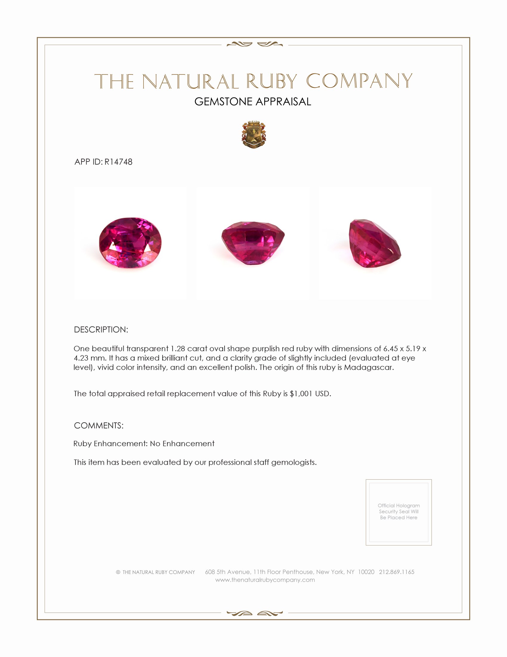1.28 Ct. Ruby from Madagascar