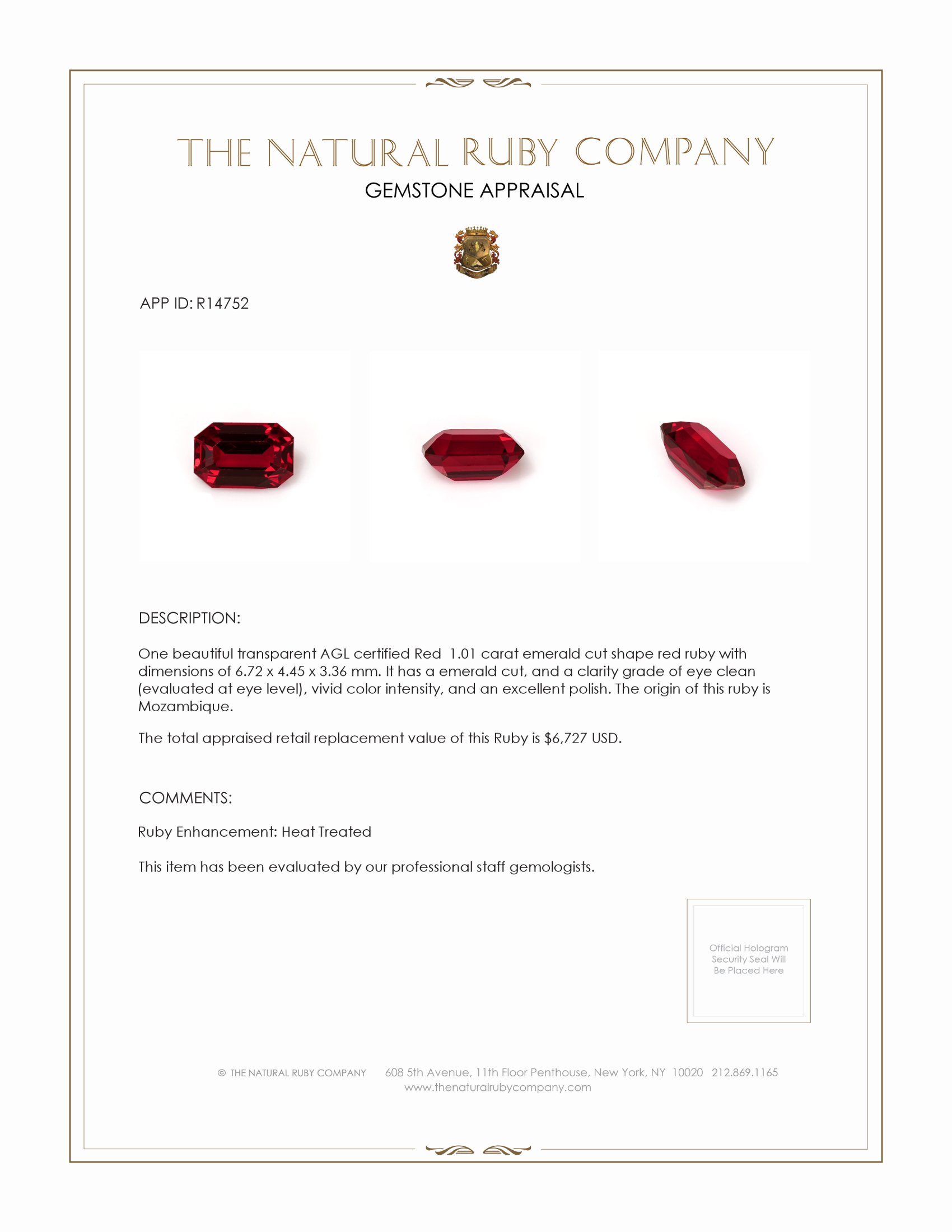 1.01 Ct. Ruby from Mozambique