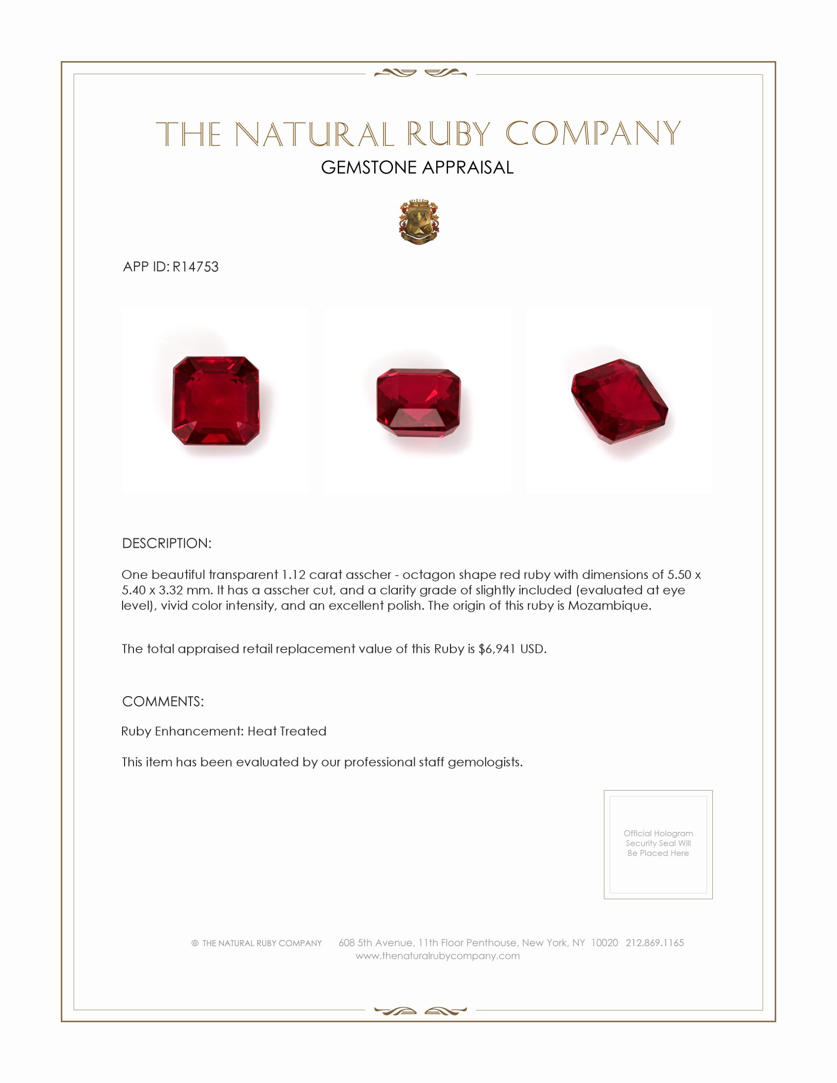 1.12 Ct. Ruby from Mozambique