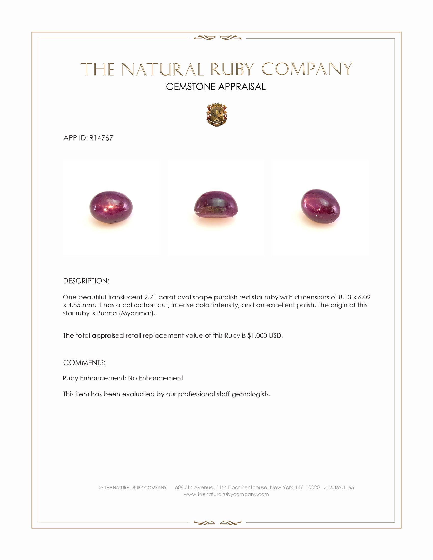 2.71 Ct. Star Ruby from Burma (Myanmar)