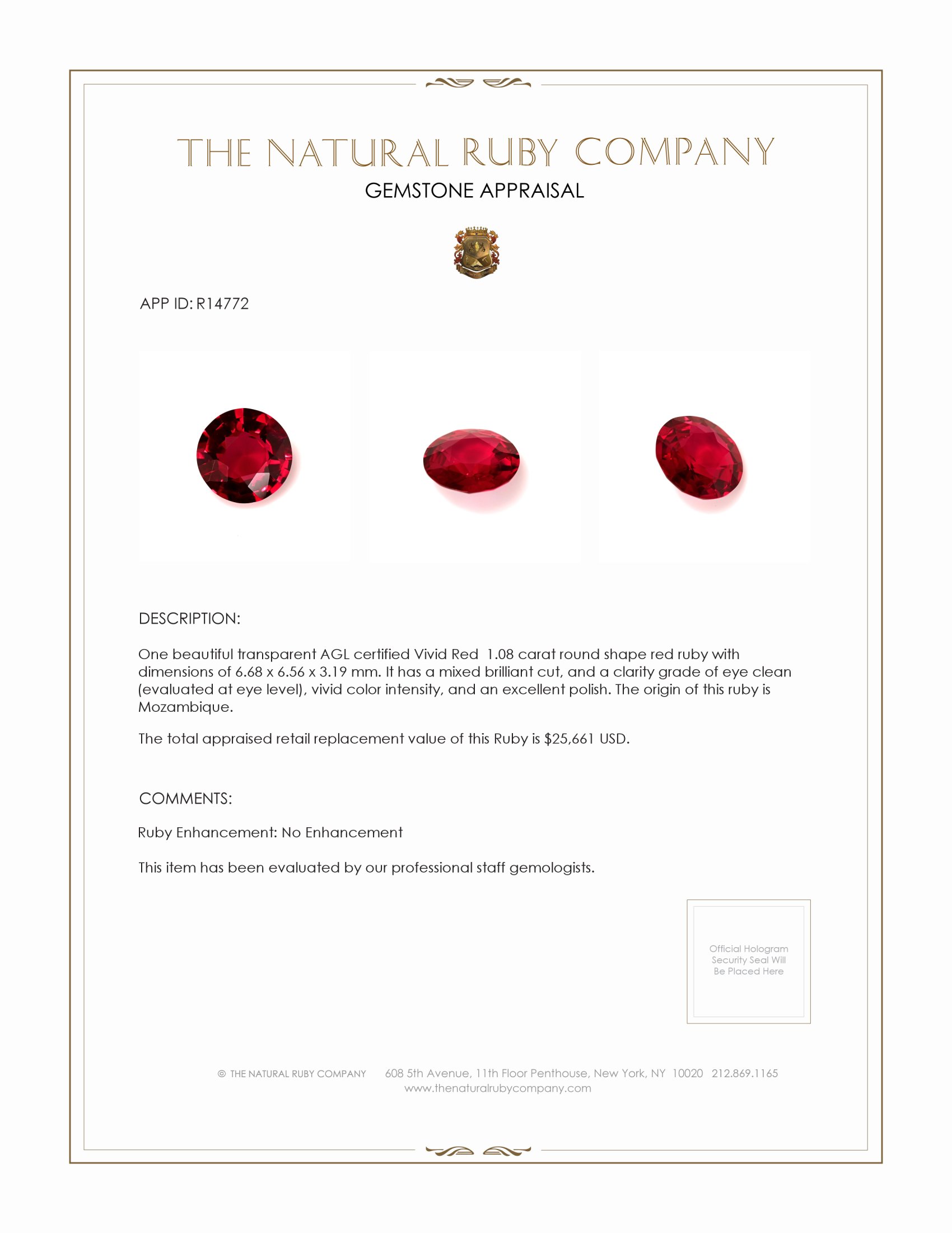 1.08 Ct. Ruby from Mozambique