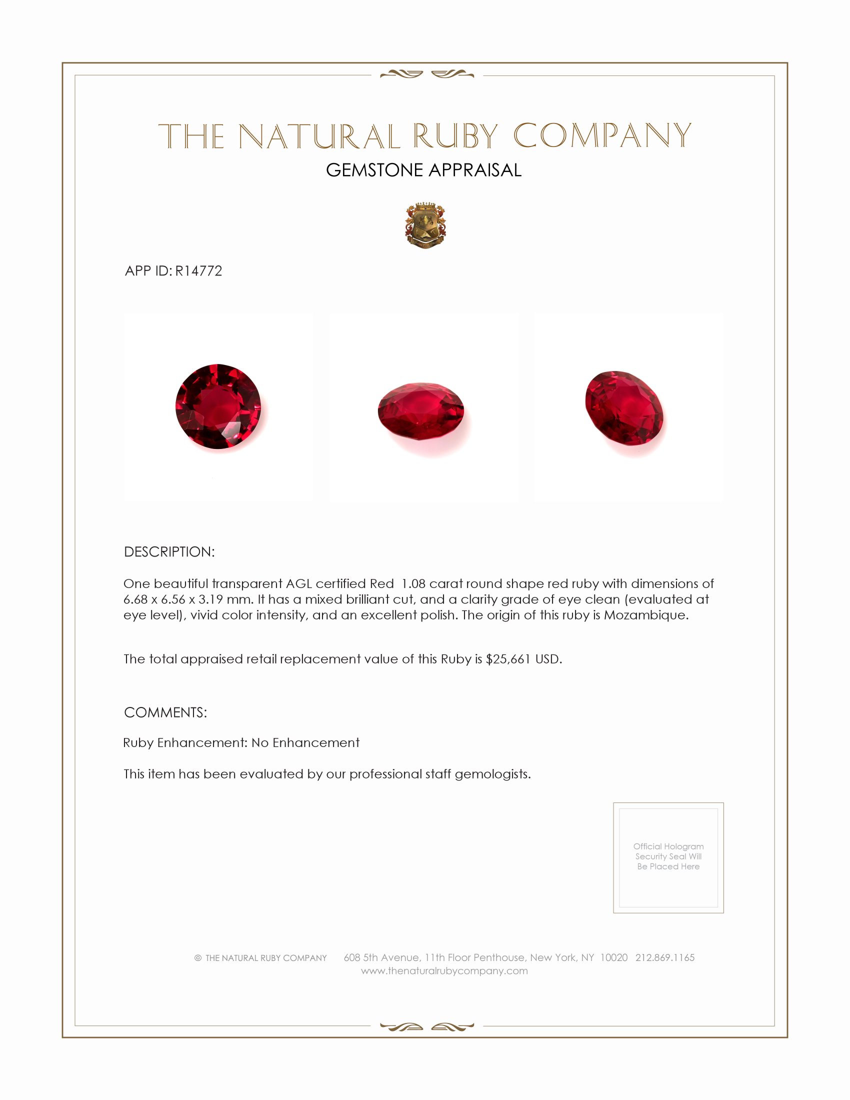 1.08 Ct. Ruby from Mozambique