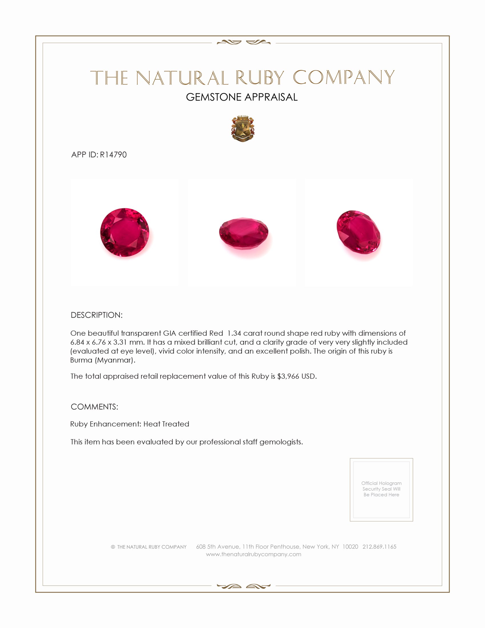1.34 Ct. Ruby from Burma (Myanmar)