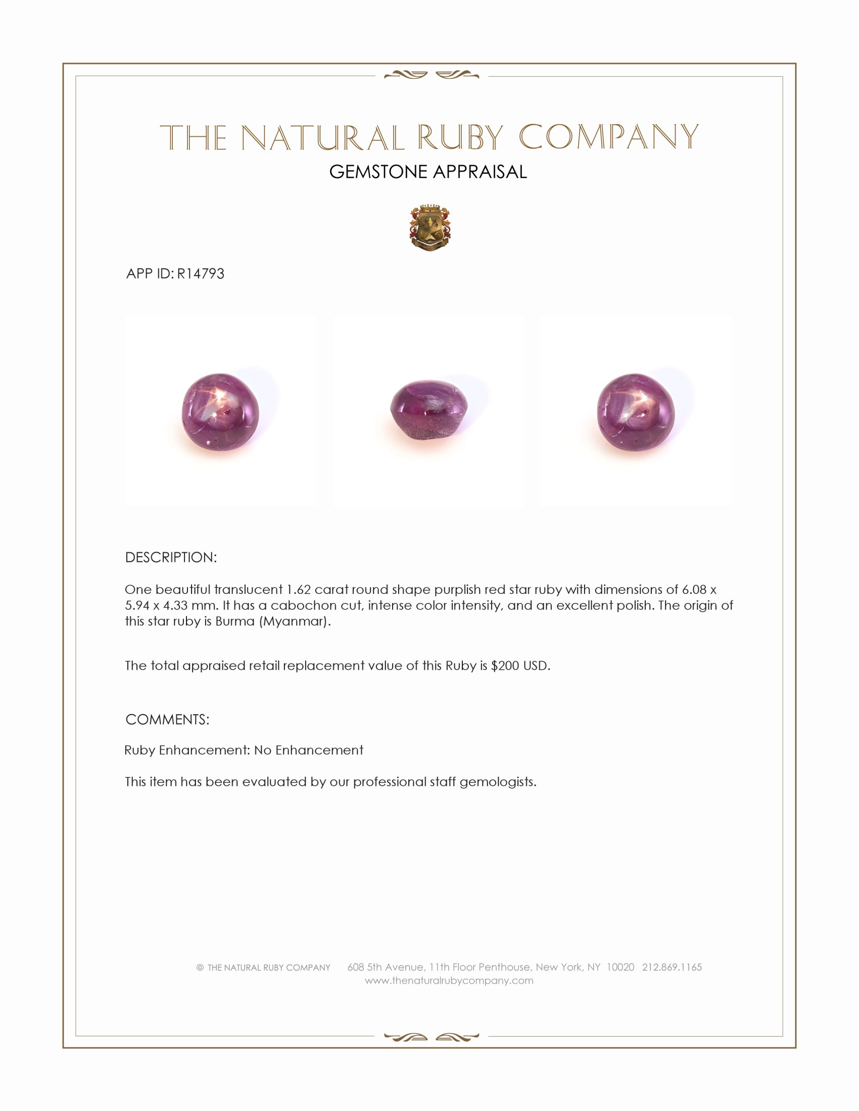 1.62 Ct. Purplish Red Star Ruby from Burma (Myanmar)