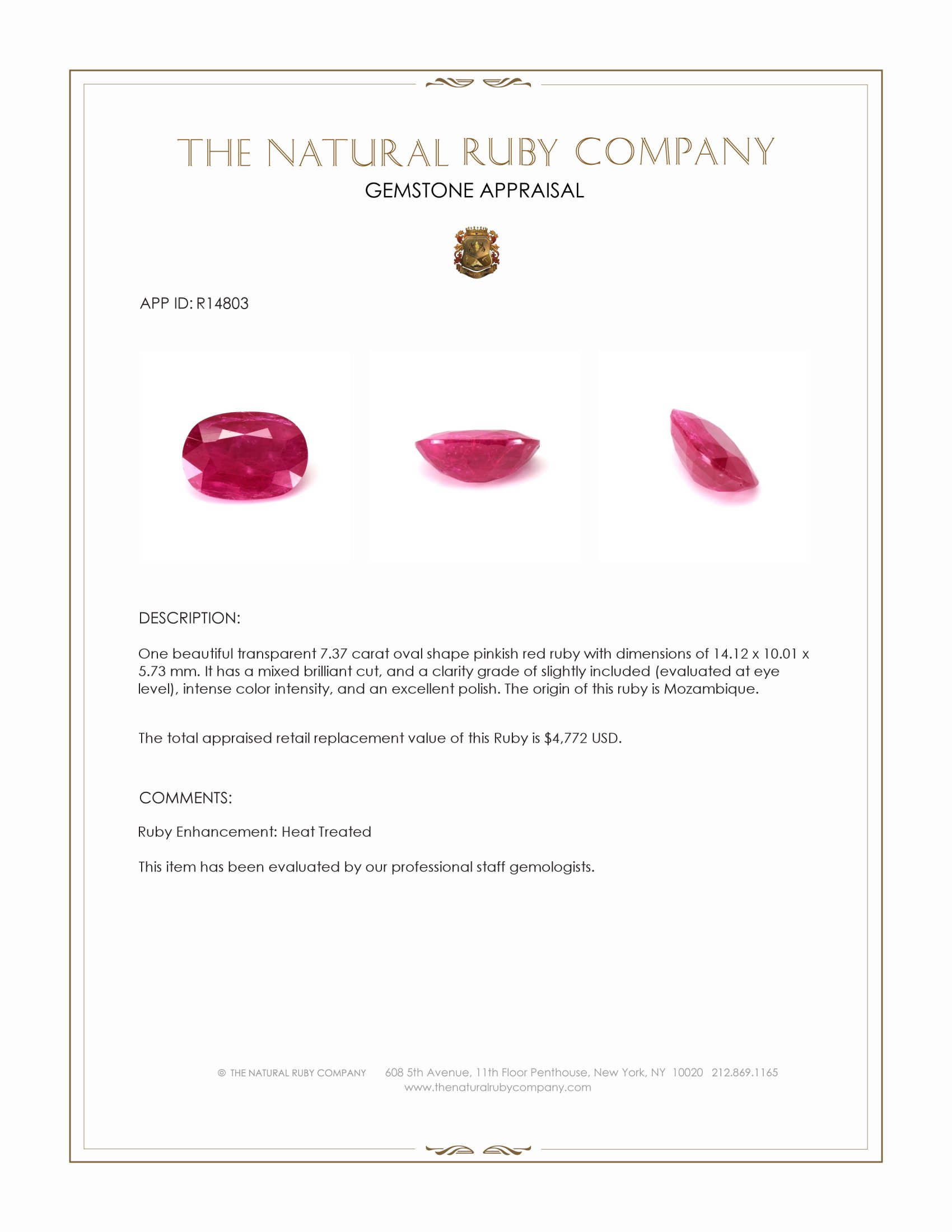 7.37 Ct. Pinkish Red Ruby from Mozambique