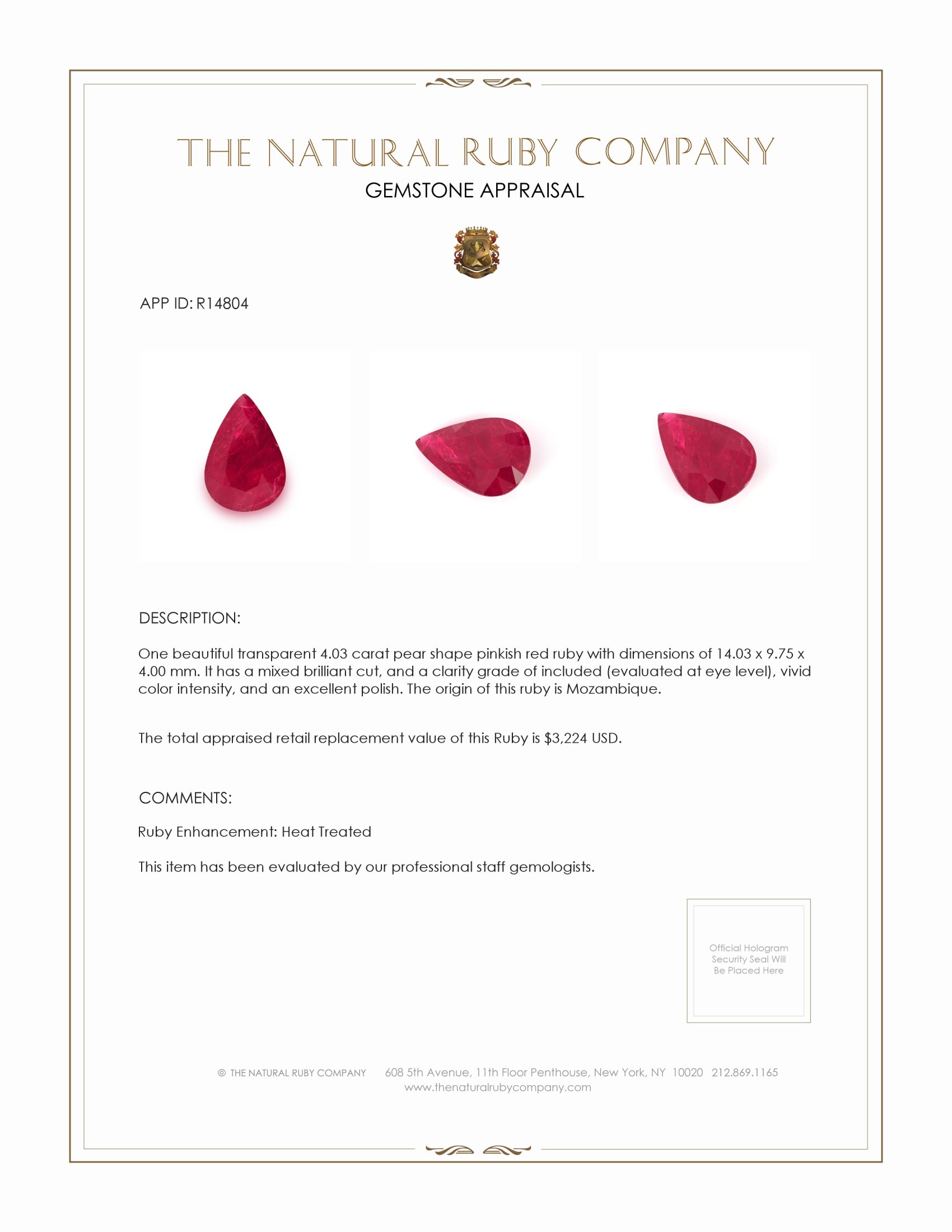 4.03 Ct. Ruby from Mozambique