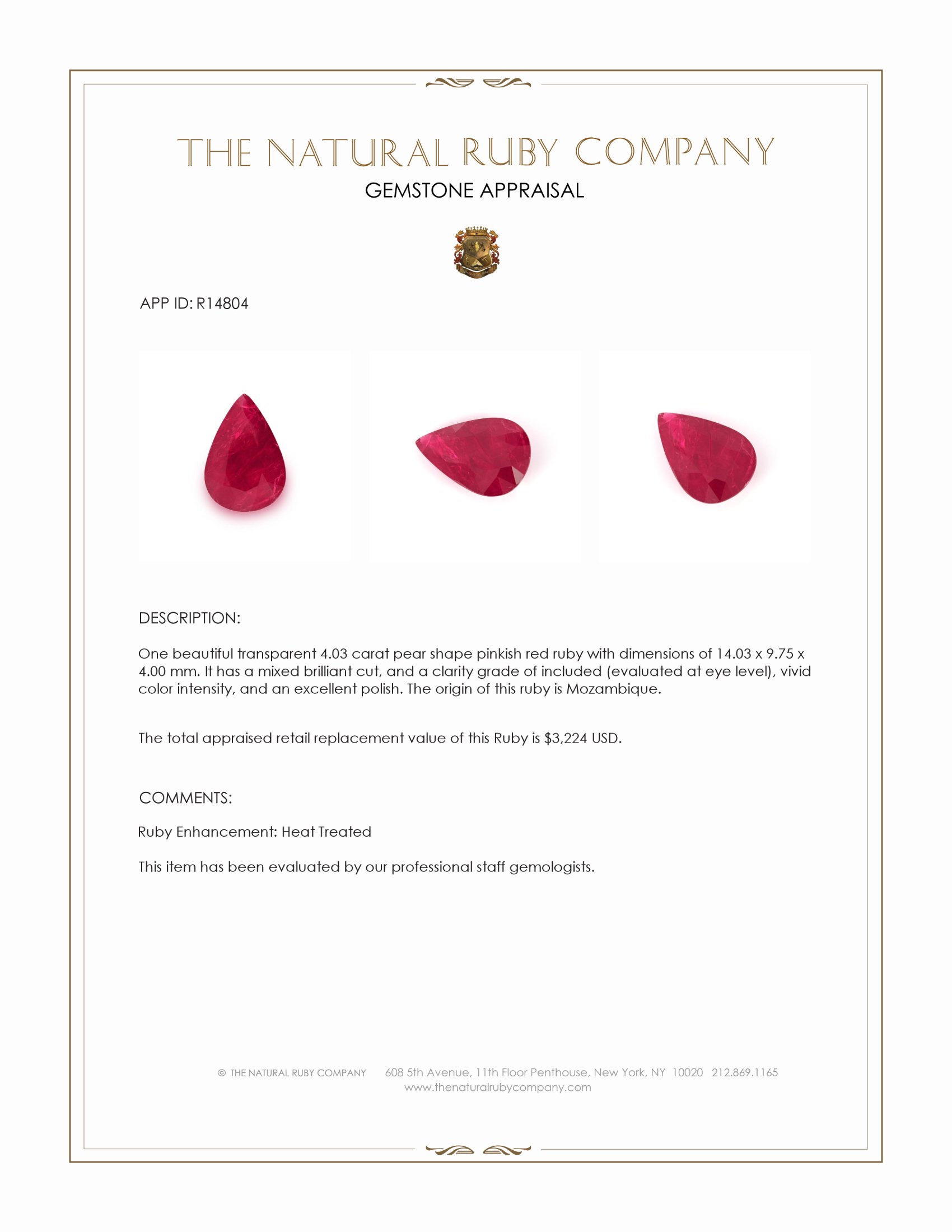 4.03 Ct. Pinkish Red Ruby from Mozambique