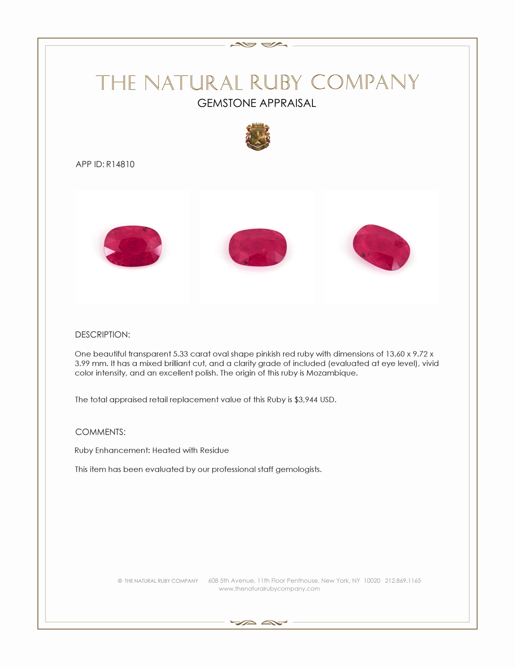 5.33 Ct. Pinkish Red Ruby from Mozambique