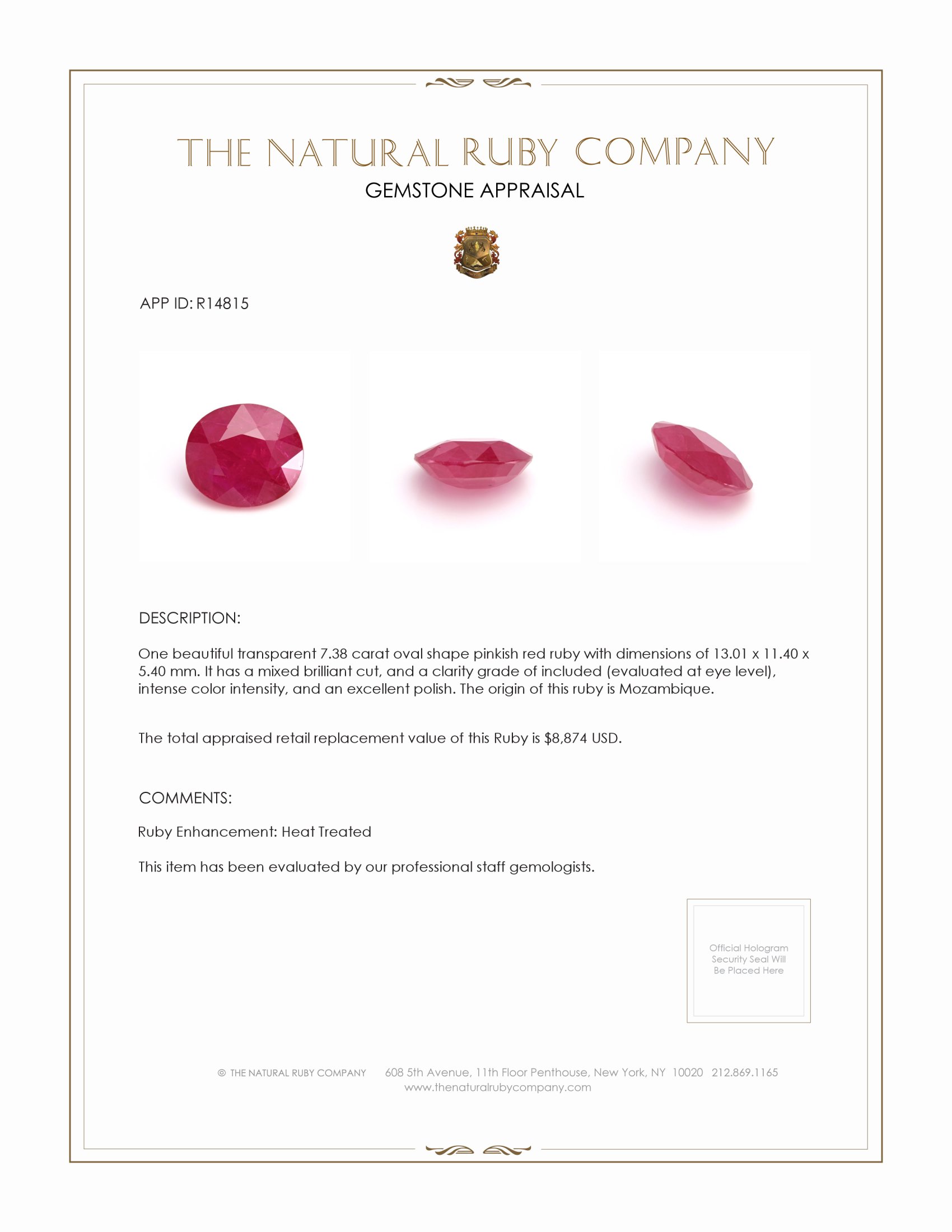 7.38 Ct. Ruby from Mozambique