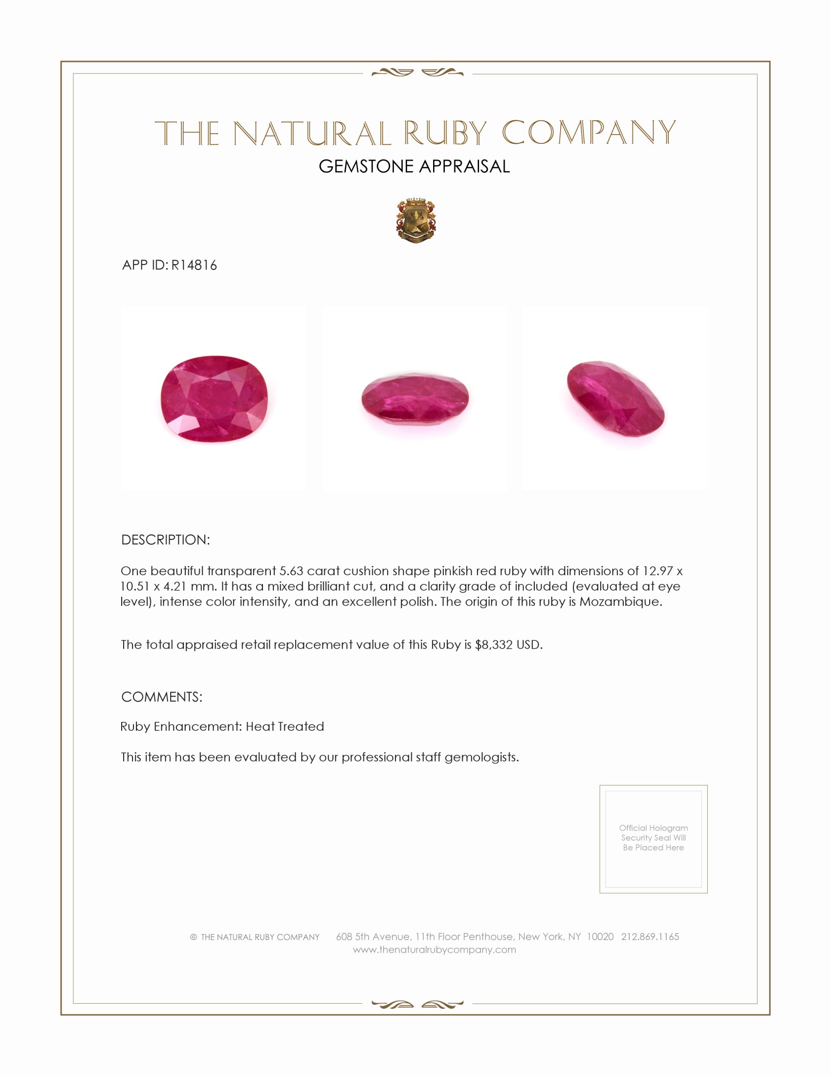 5.63 Ct. Ruby from Mozambique