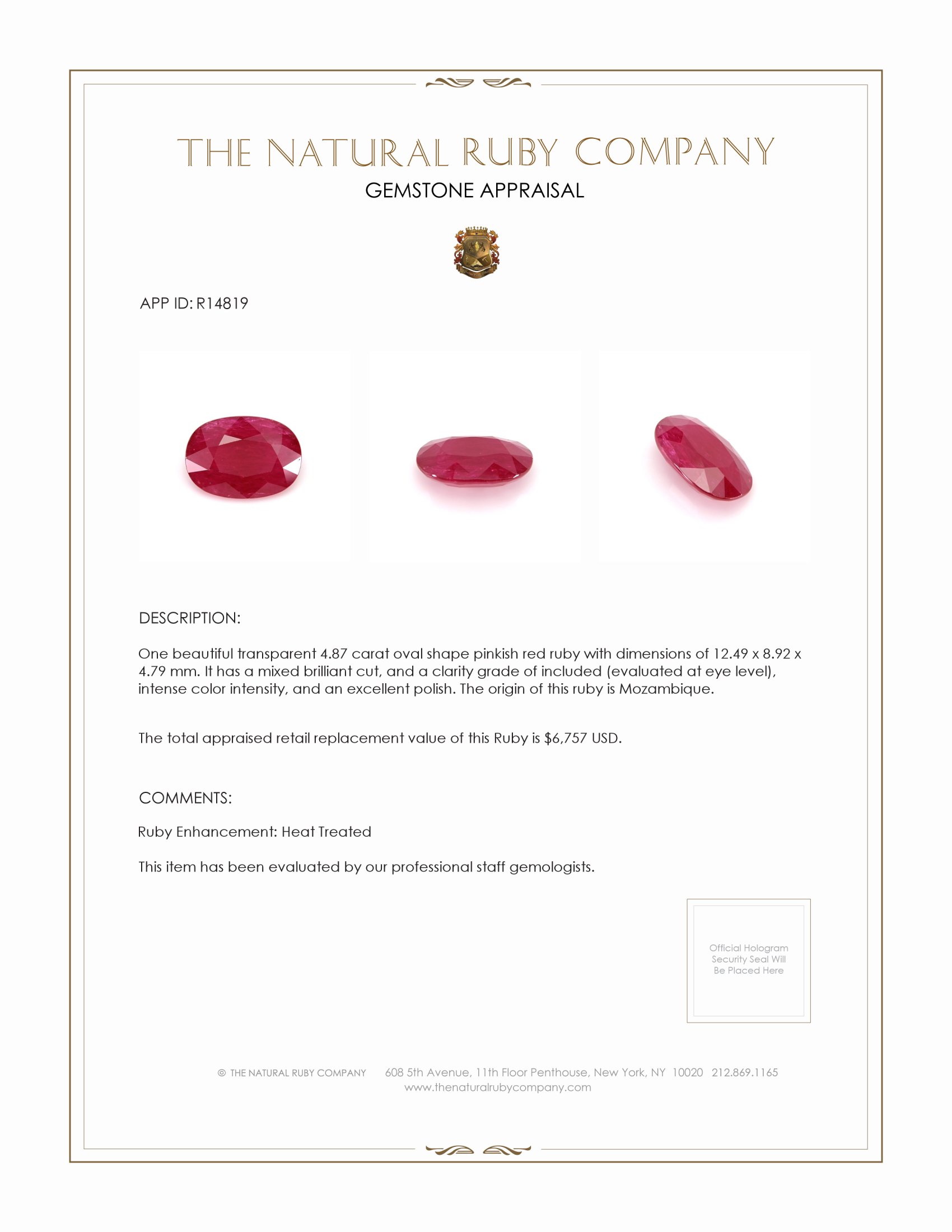 4.87 Ct. Ruby from Mozambique