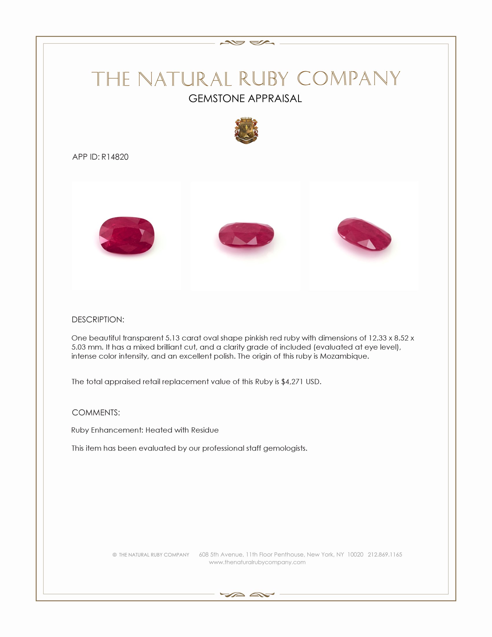 5.13 Ct. Pinkish Red Ruby from Mozambique