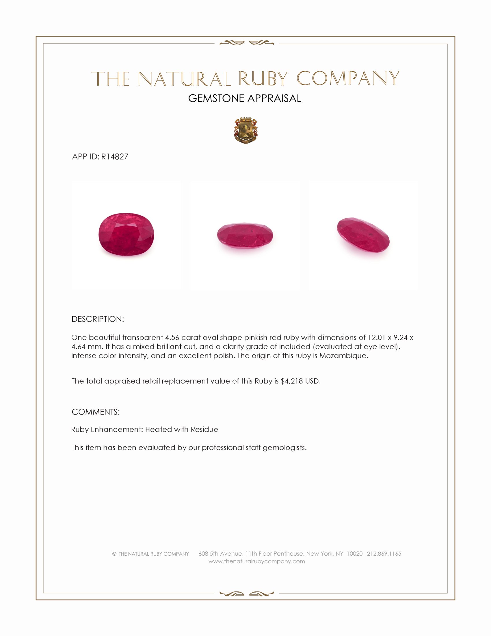 4.56 Ct. Pinkish Red Ruby from Mozambique