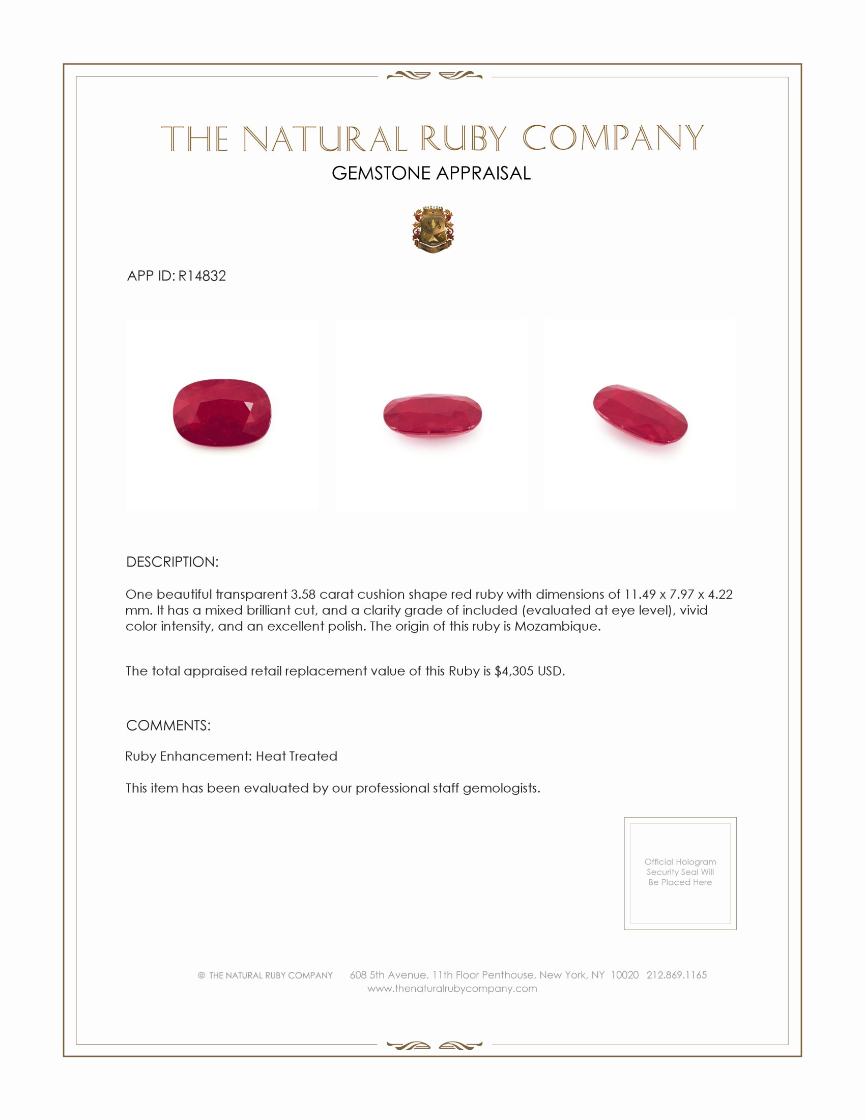 3.58 Ct. Ruby from Mozambique