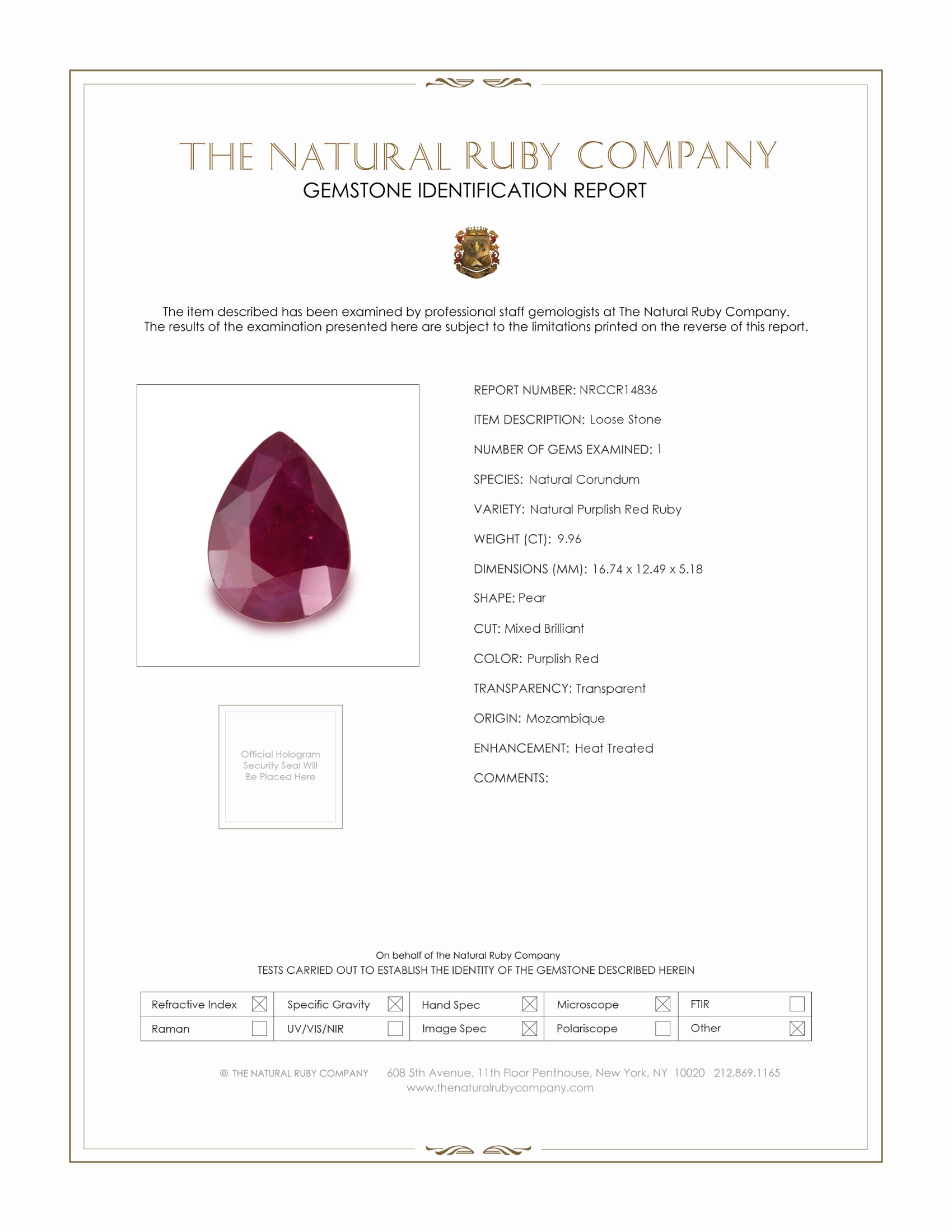 9.96 Ct. Purplish Red Ruby from Mozambique