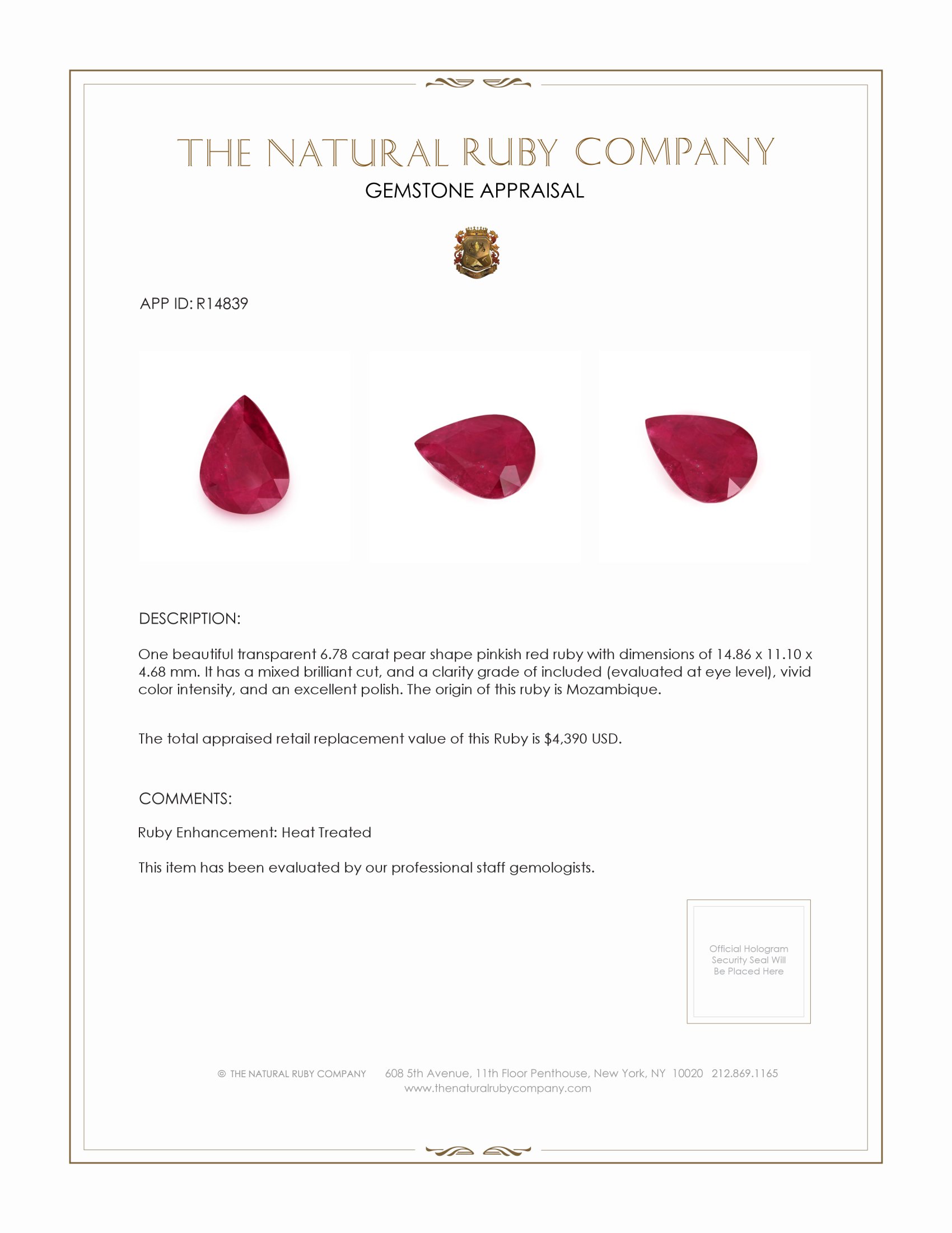 6.78 Ct. Ruby from Mozambique