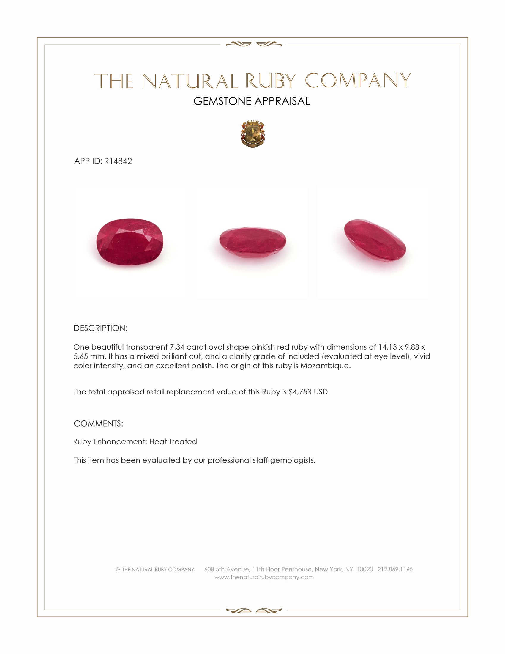 7.34 Ct. Pinkish Red Ruby from Mozambique