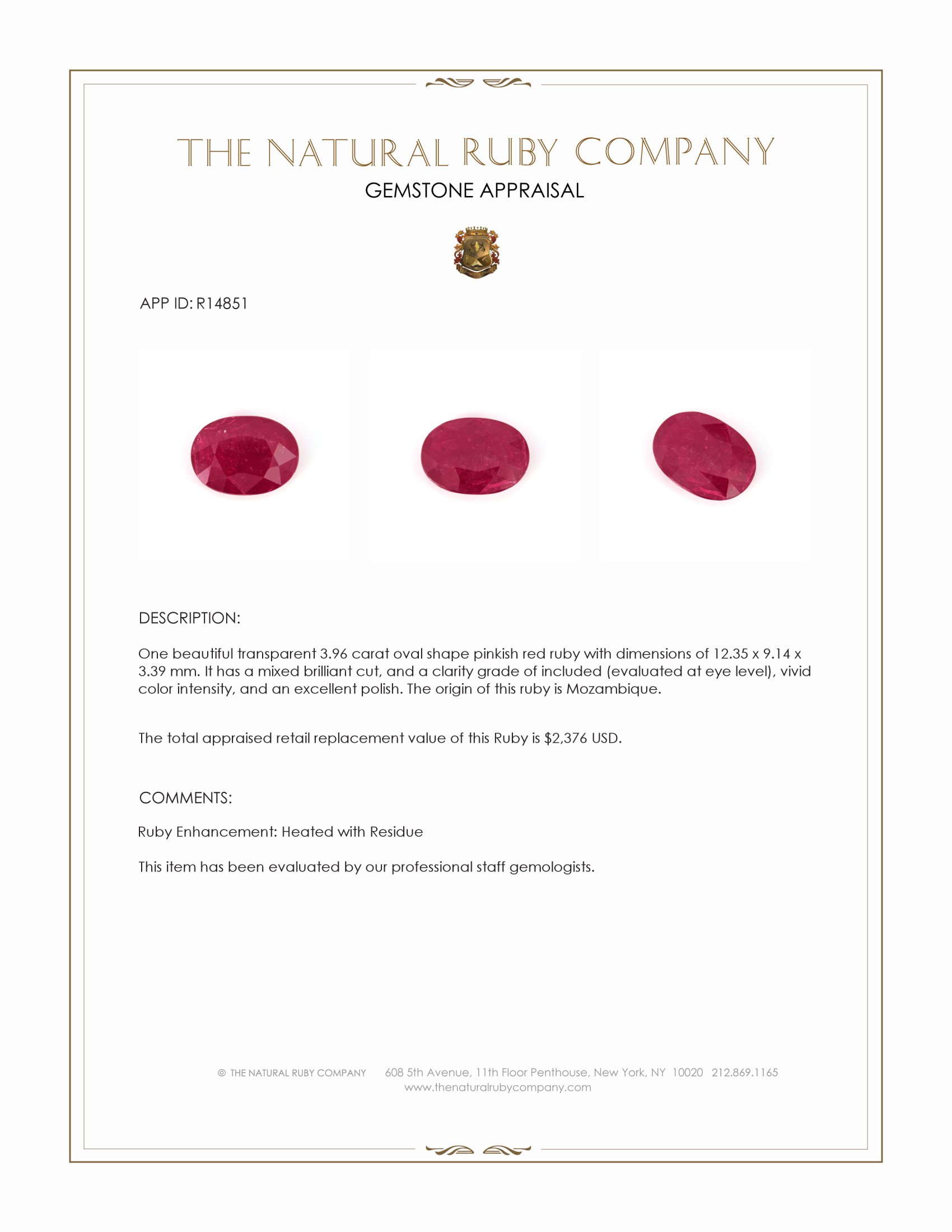 3.96 Ct. Pinkish Red Ruby from Mozambique