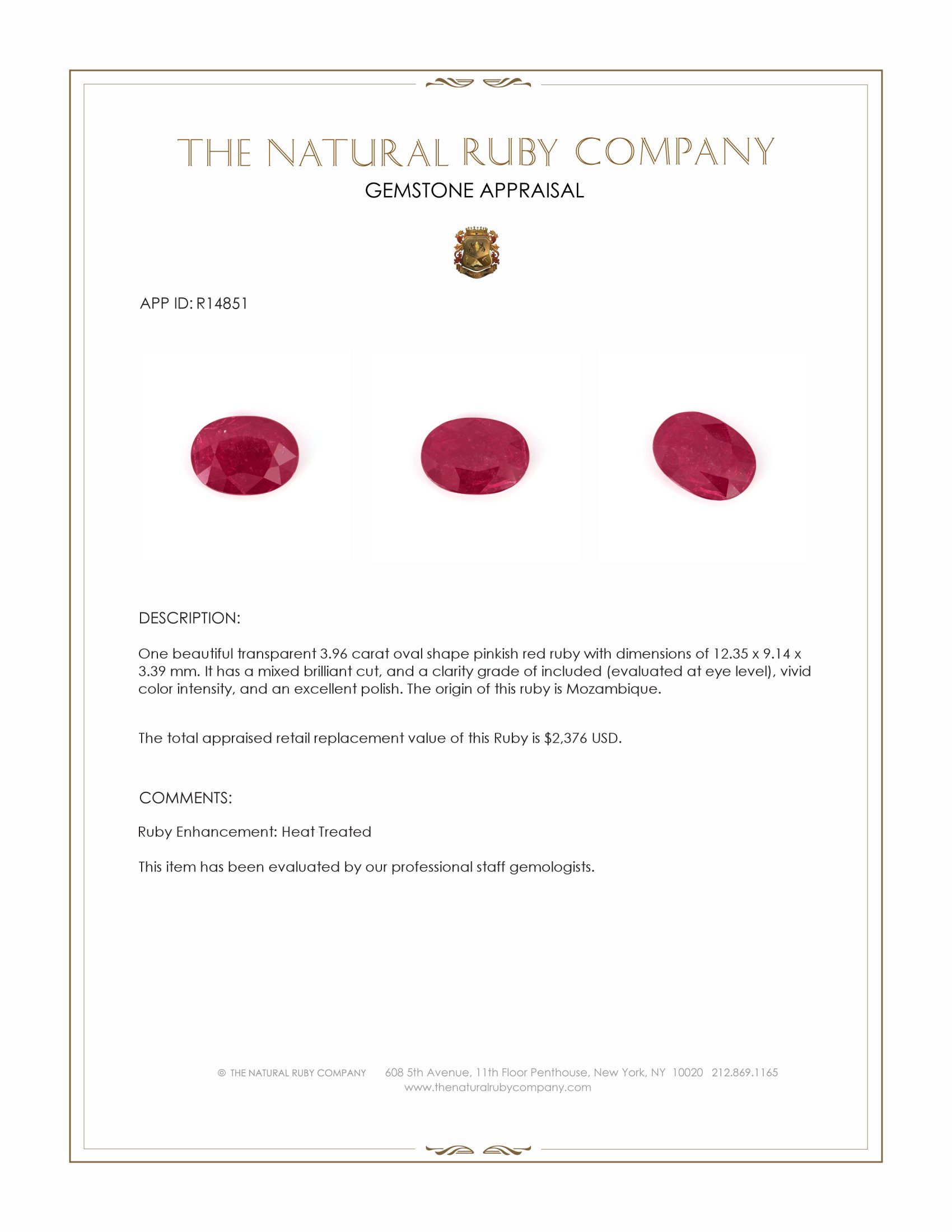 3.96 Ct. Pinkish Red Ruby from Mozambique