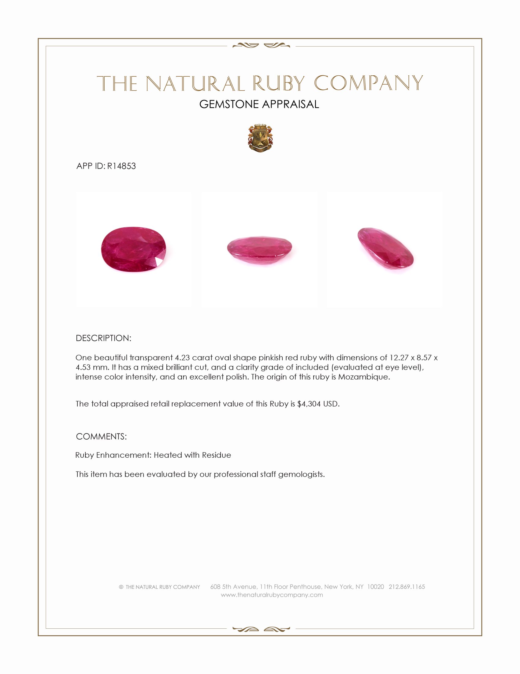 4.23 Ct. Pinkish Red Ruby from Mozambique