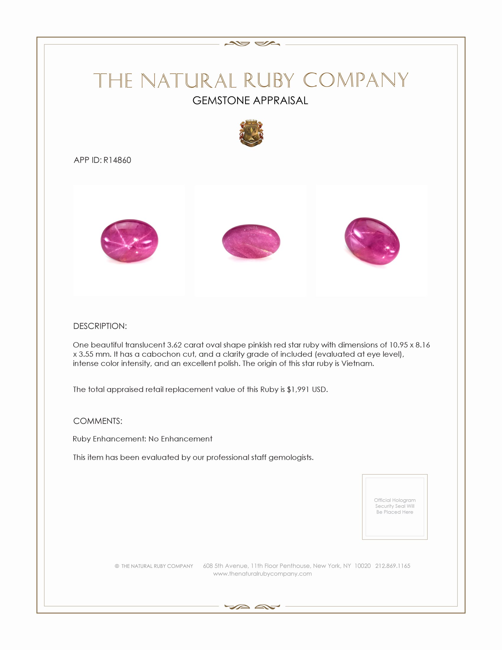 3.62 Ct. Star Ruby from Vietnam