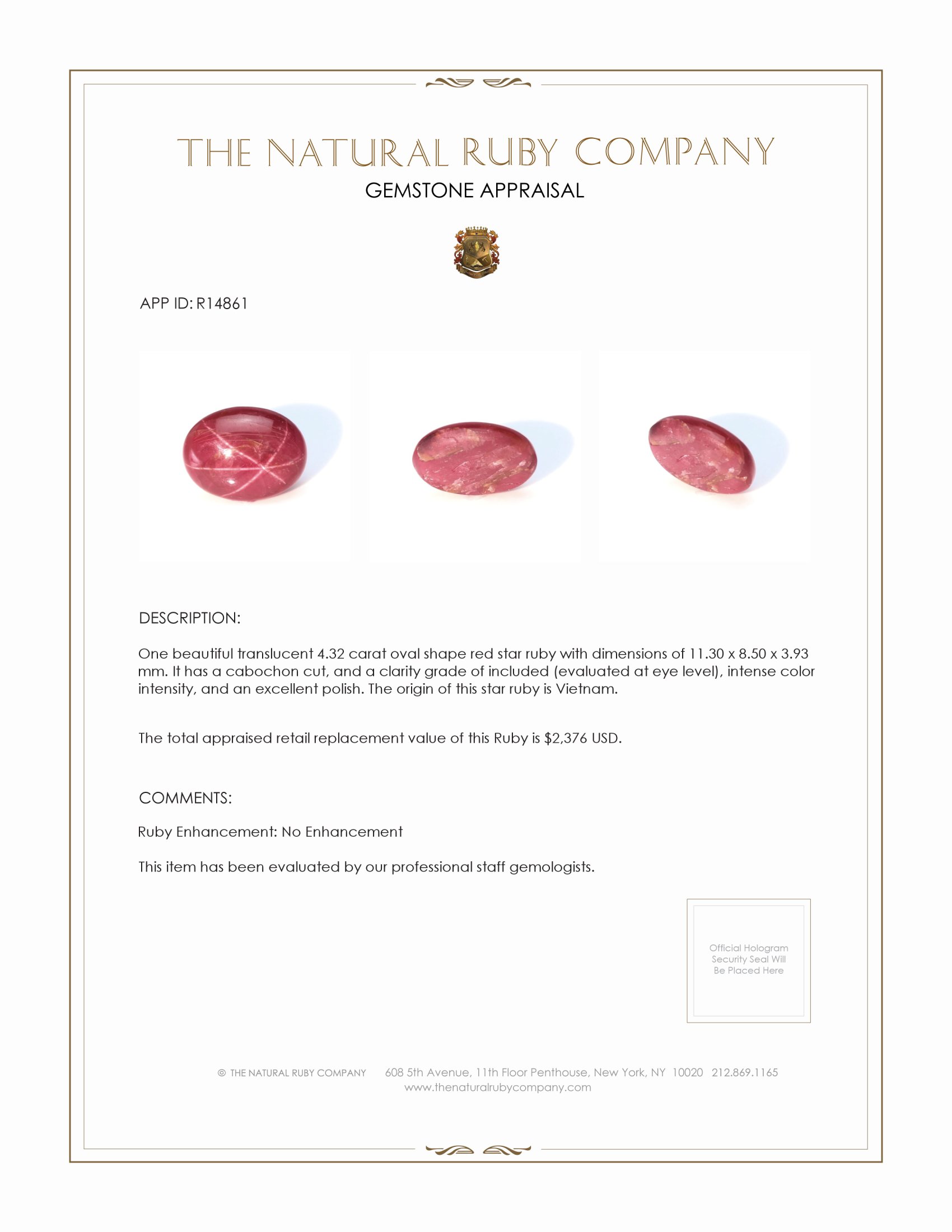 4.32 Ct. Star Ruby from Vietnam