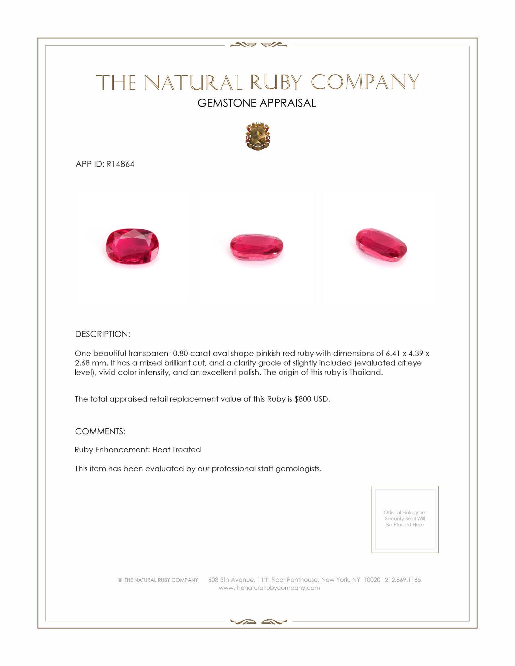 0.80 Ct. Ruby from Thailand