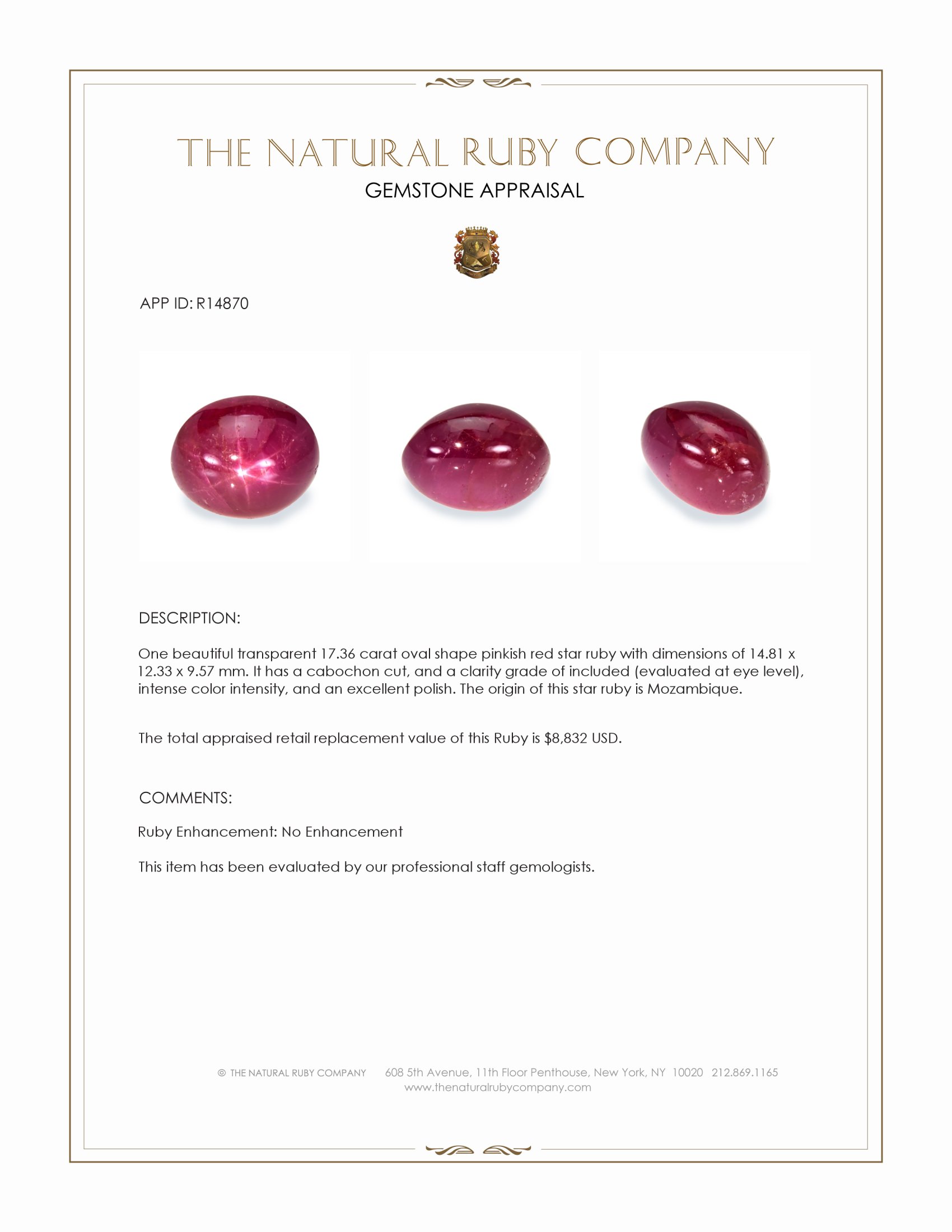 17.36 Ct. Pinkish Red Star Ruby from Mozambique