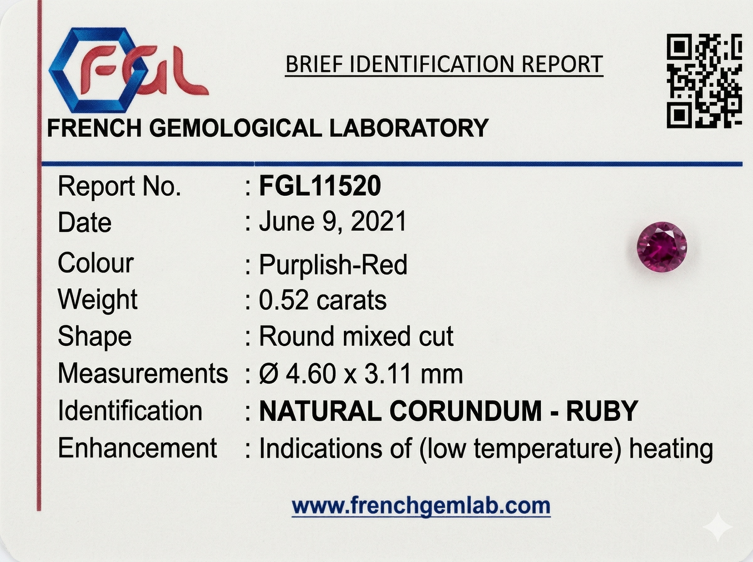 0.52 Ct. Purplish Red Ruby from Ceylon (Sri Lanka)