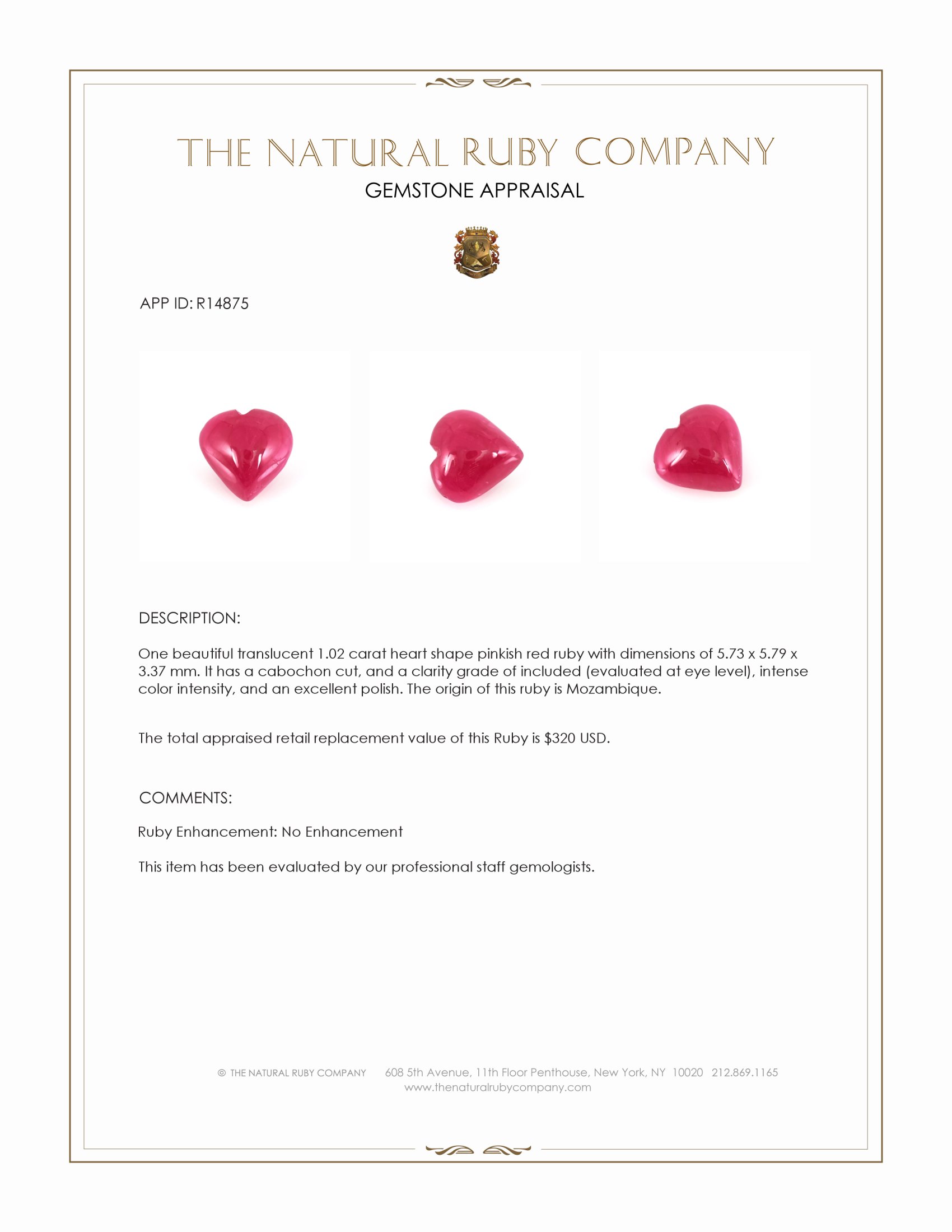 1.02 Ct. Pinkish Red Cabochon Ruby from Mozambique