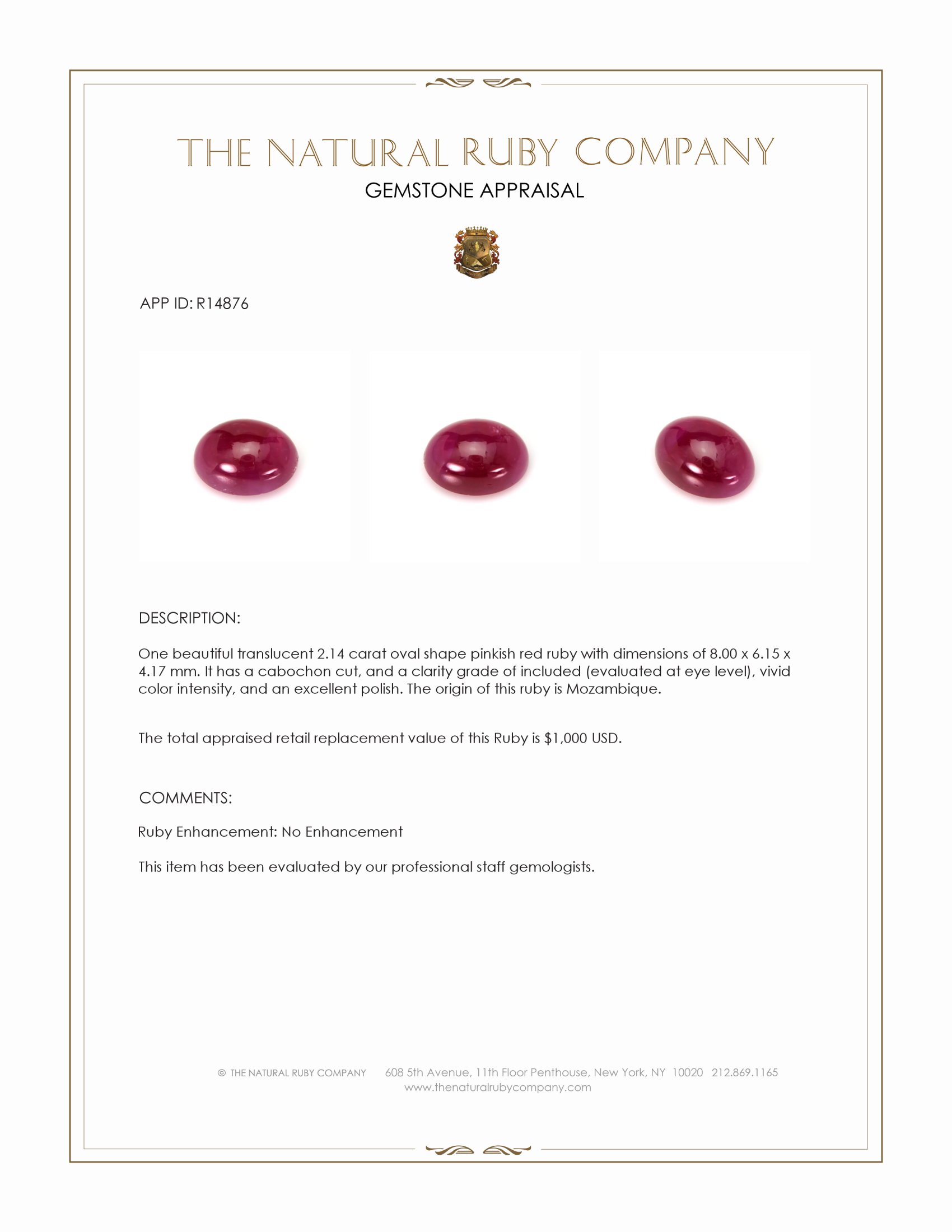 2.14 Ct. Pinkish Red Cabochon Ruby from Mozambique