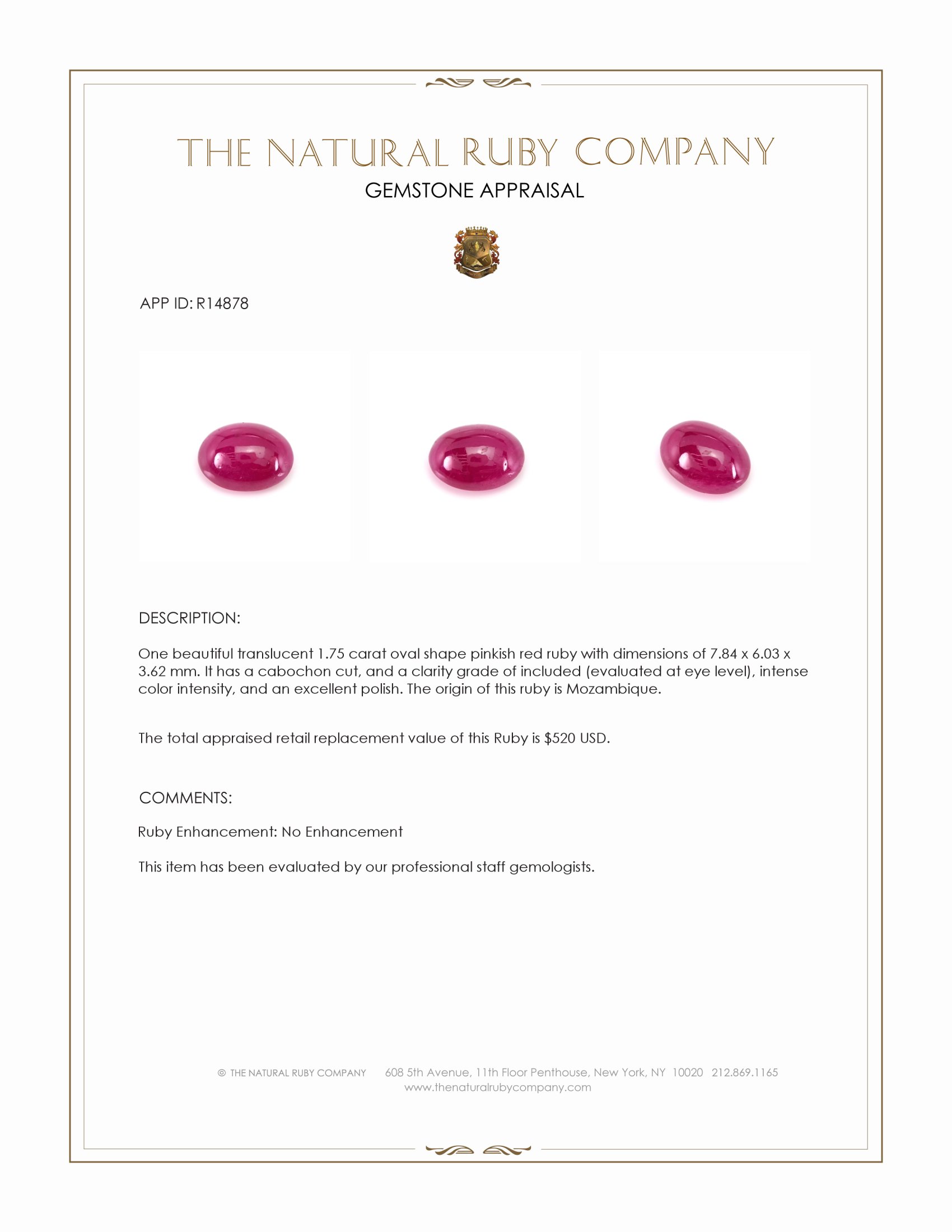 1.75 Ct. Pinkish Red Cabochon Ruby from Mozambique