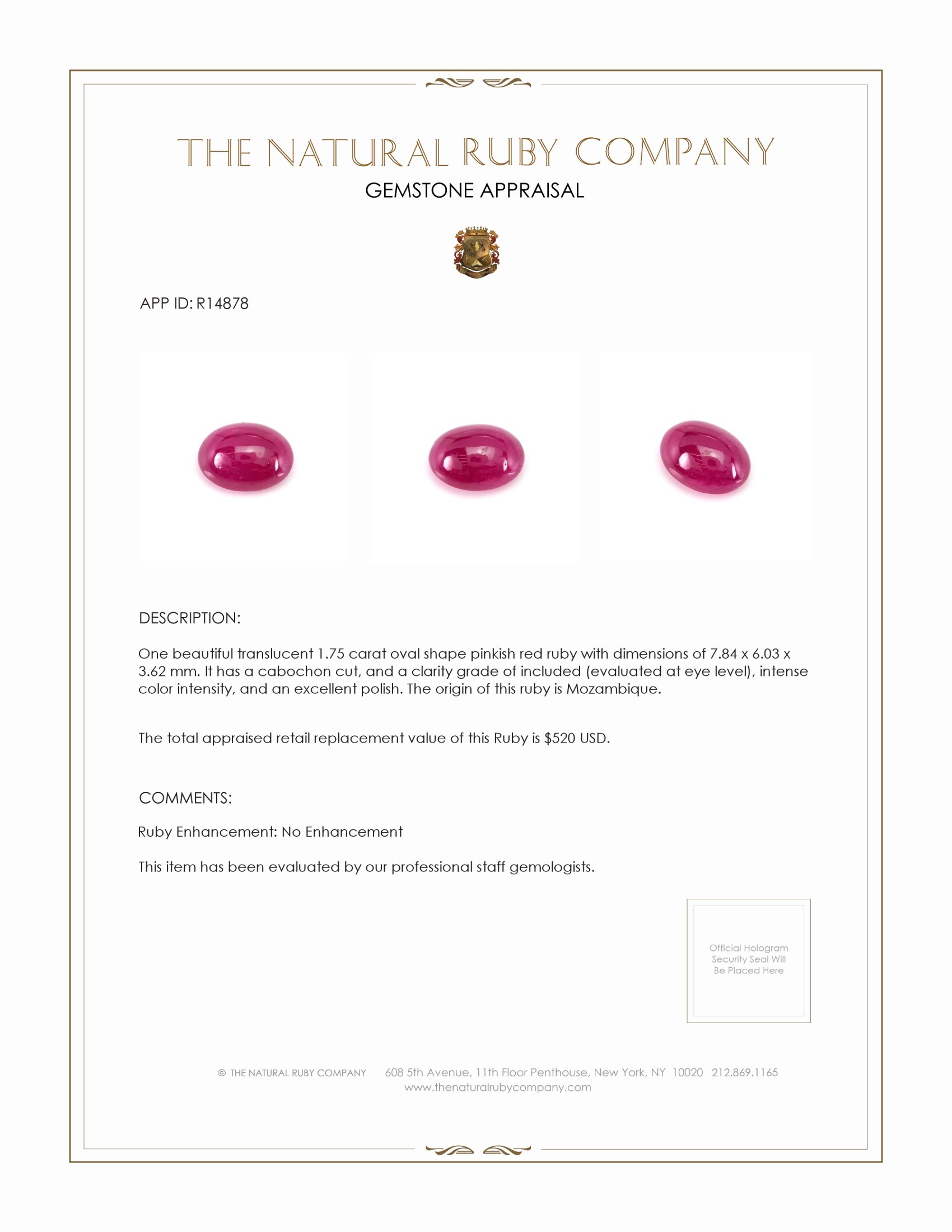 1.75 Ct. Cabochon Ruby from Mozambique