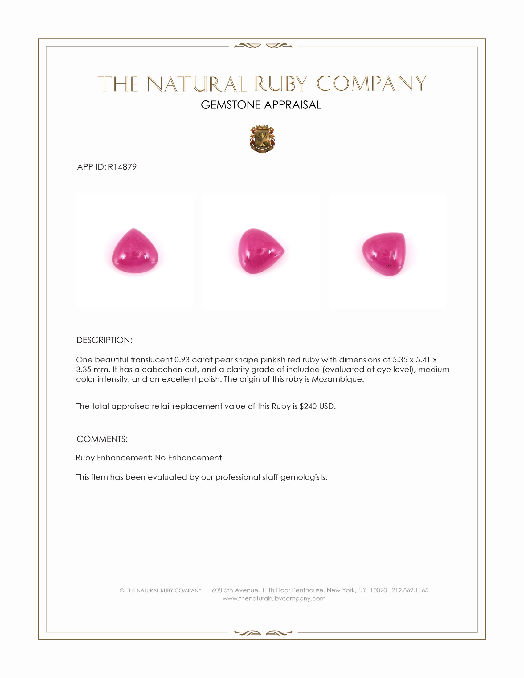 0.93 Ct. Pinkish Red Cabochon Ruby from Mozambique