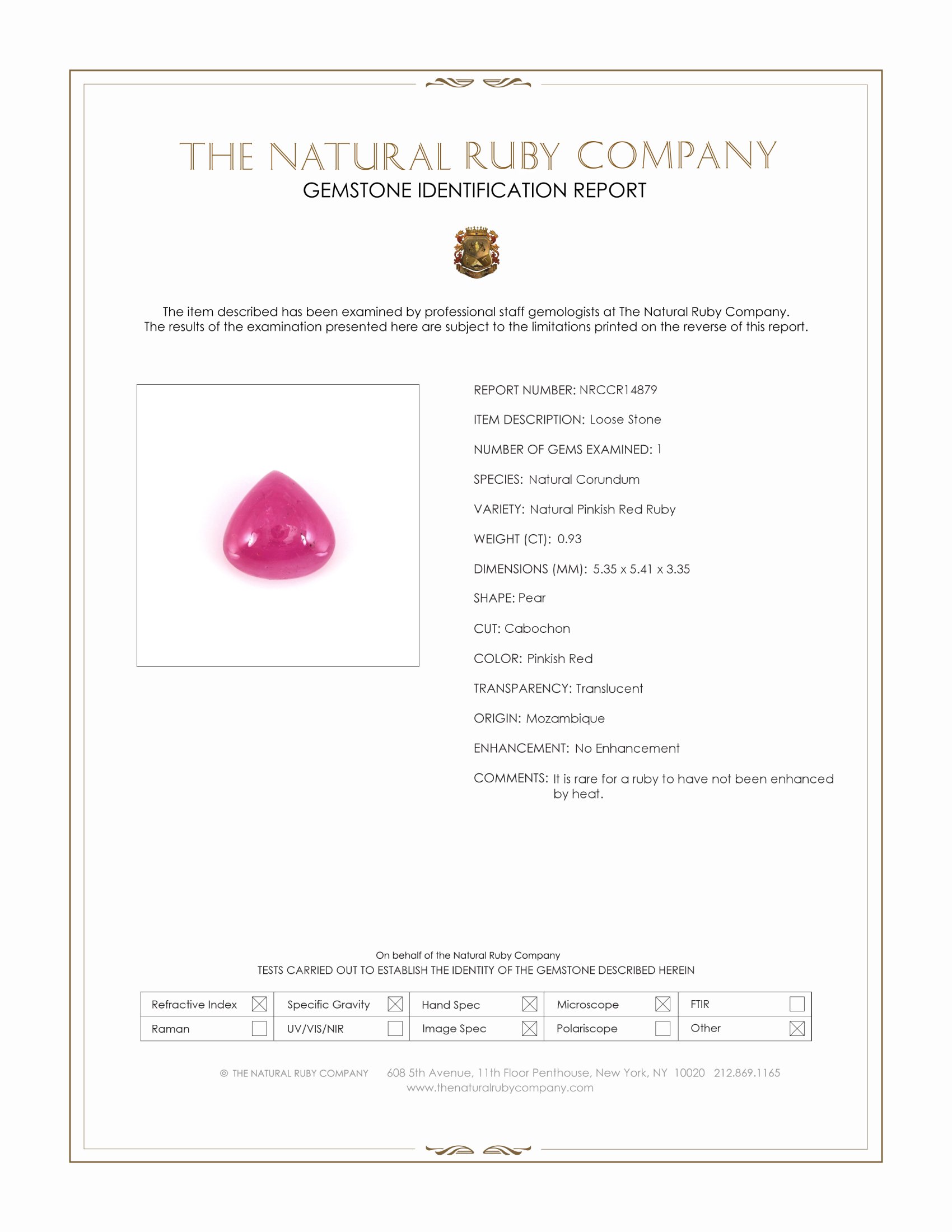0.93 Ct. Pinkish Red Cabochon Ruby from Mozambique