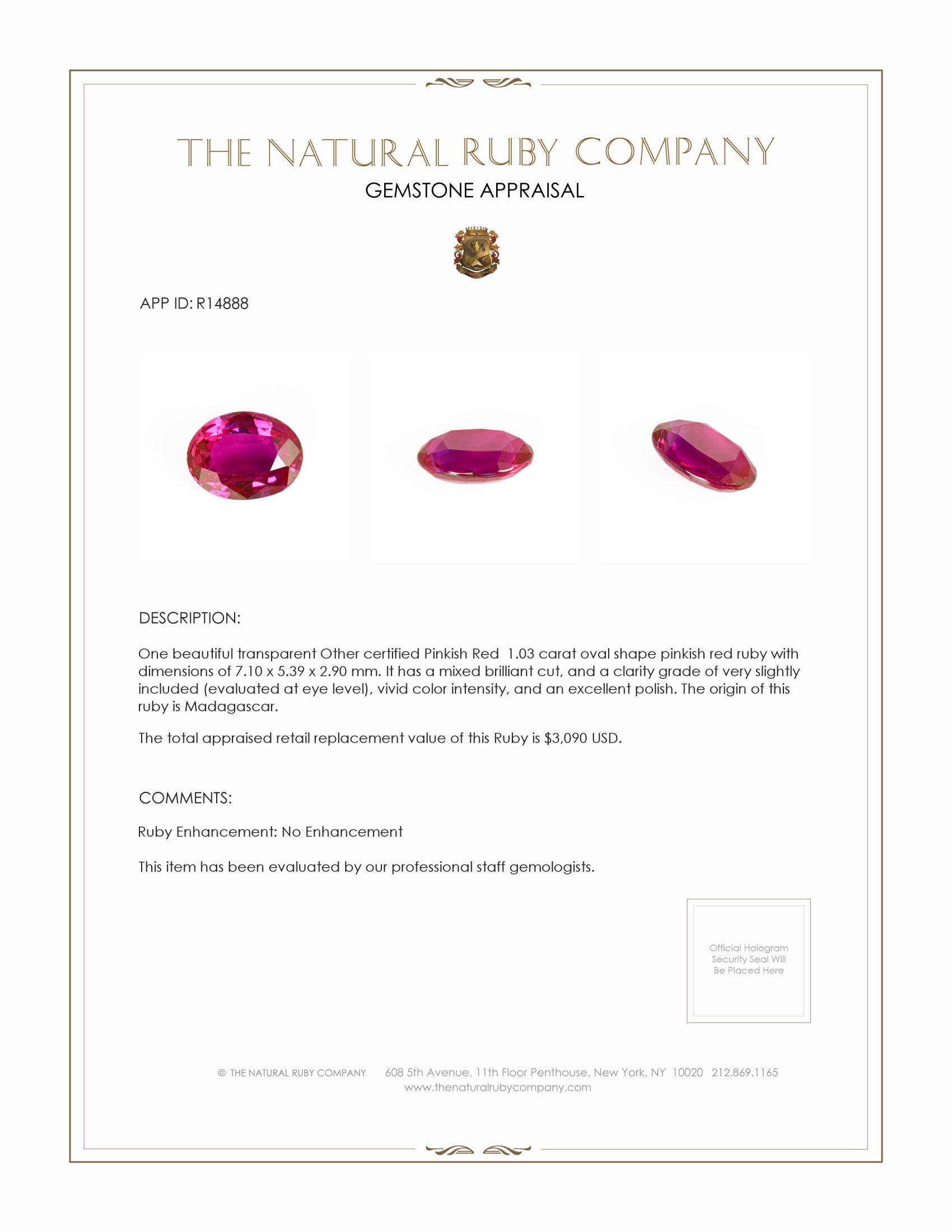 1.03 Ct. Ruby from Madagascar