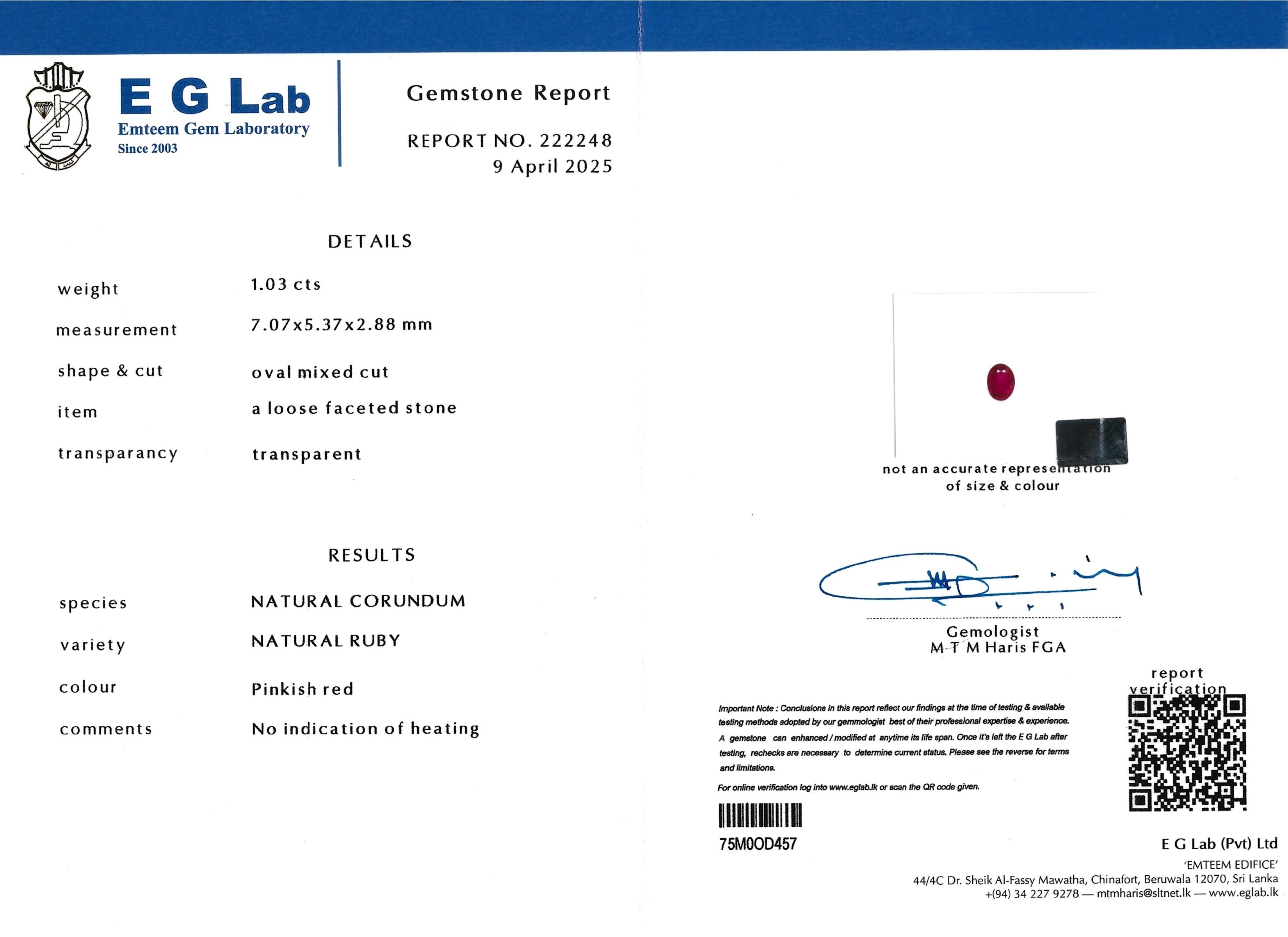 1.03 Ct. Ruby from Madagascar