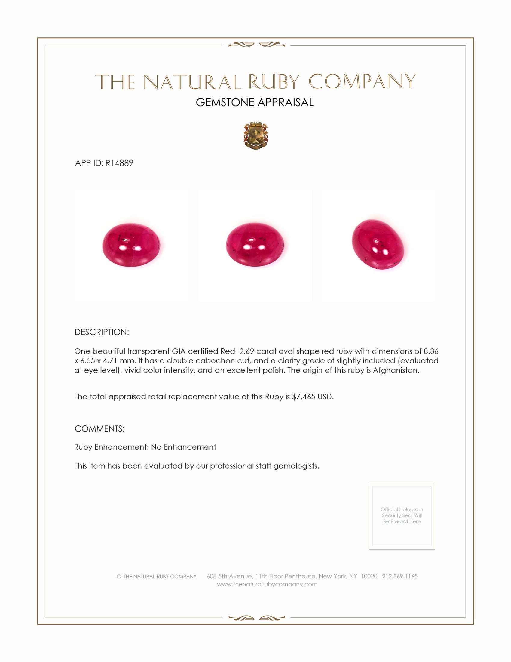 2.69 Ct. Cabochon Ruby from Afghanistan