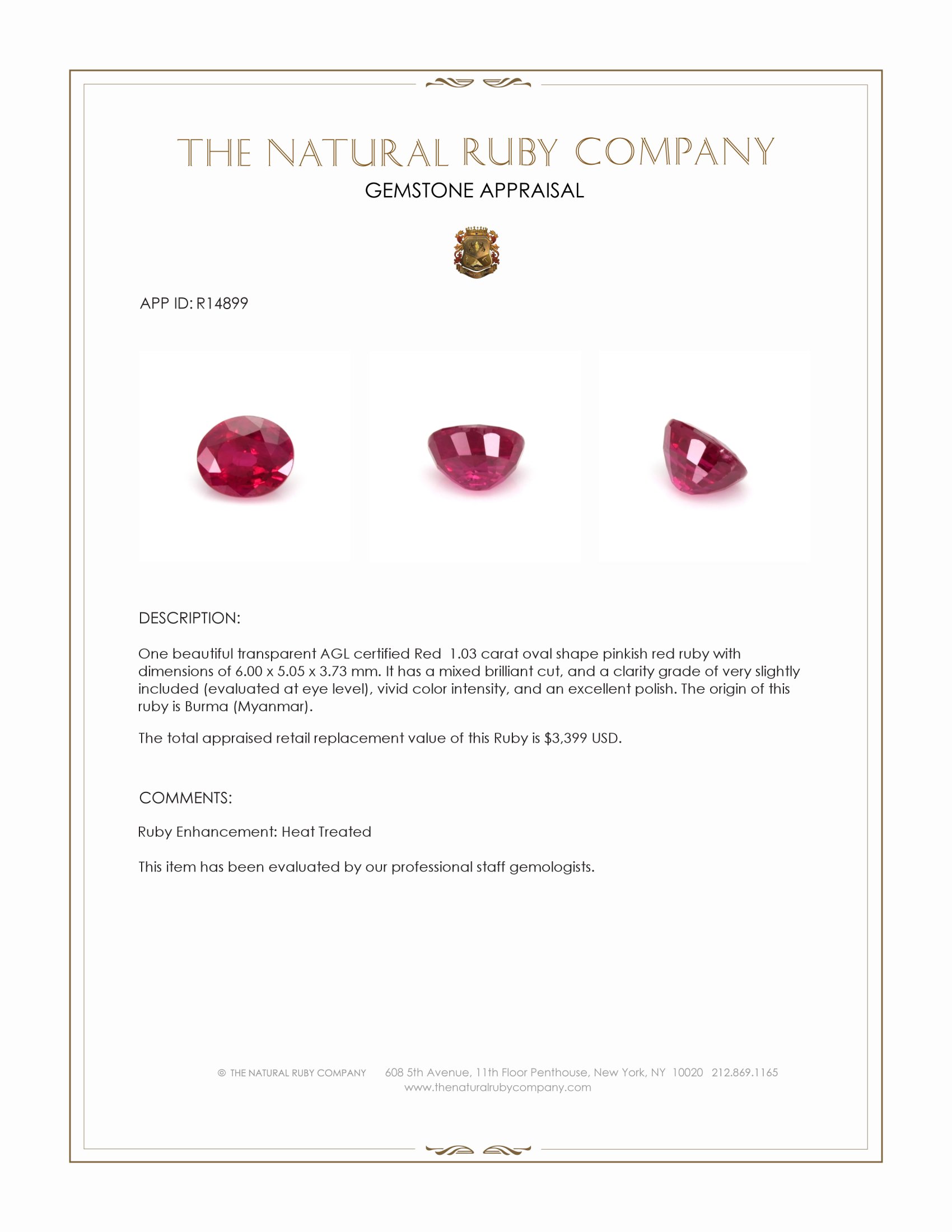 1.03 Ct. Pinkish Red Ruby from Burma (Myanmar)