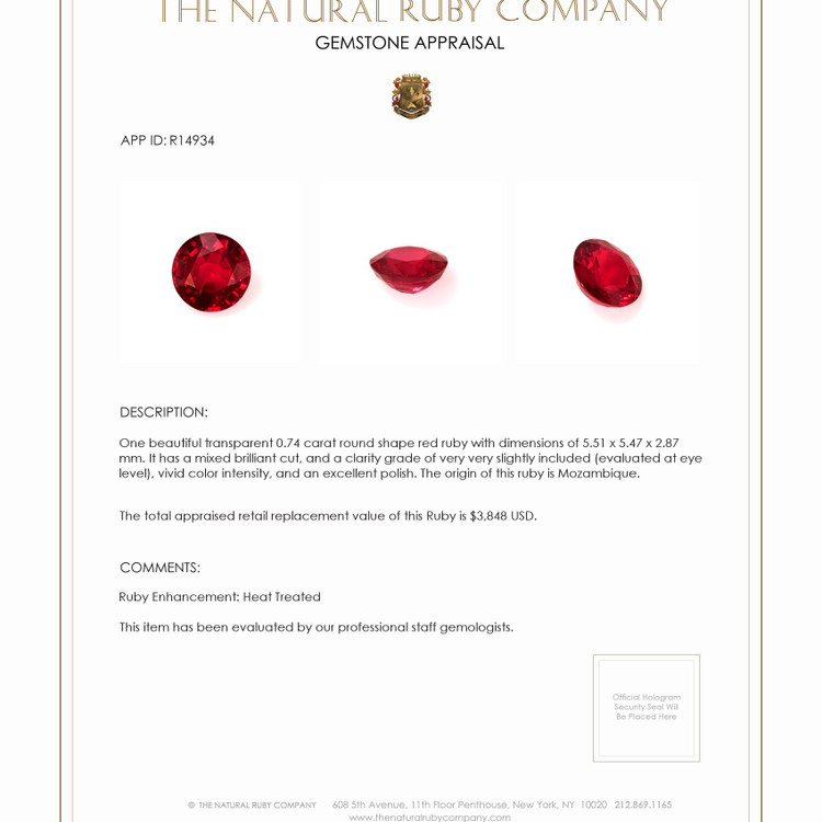 0.74 Ct. Ruby from Mozambique