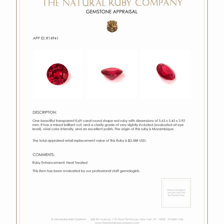 0.69 Ct. Ruby from Mozambique