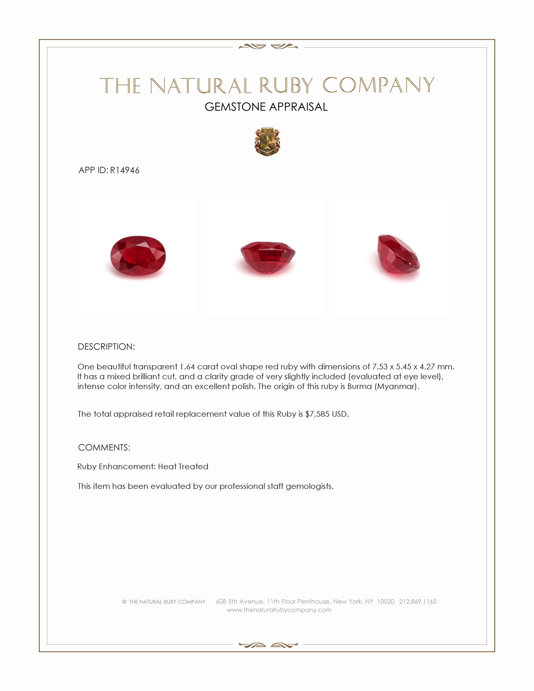 1.64 Ct. Ruby from Burma (Myanmar)