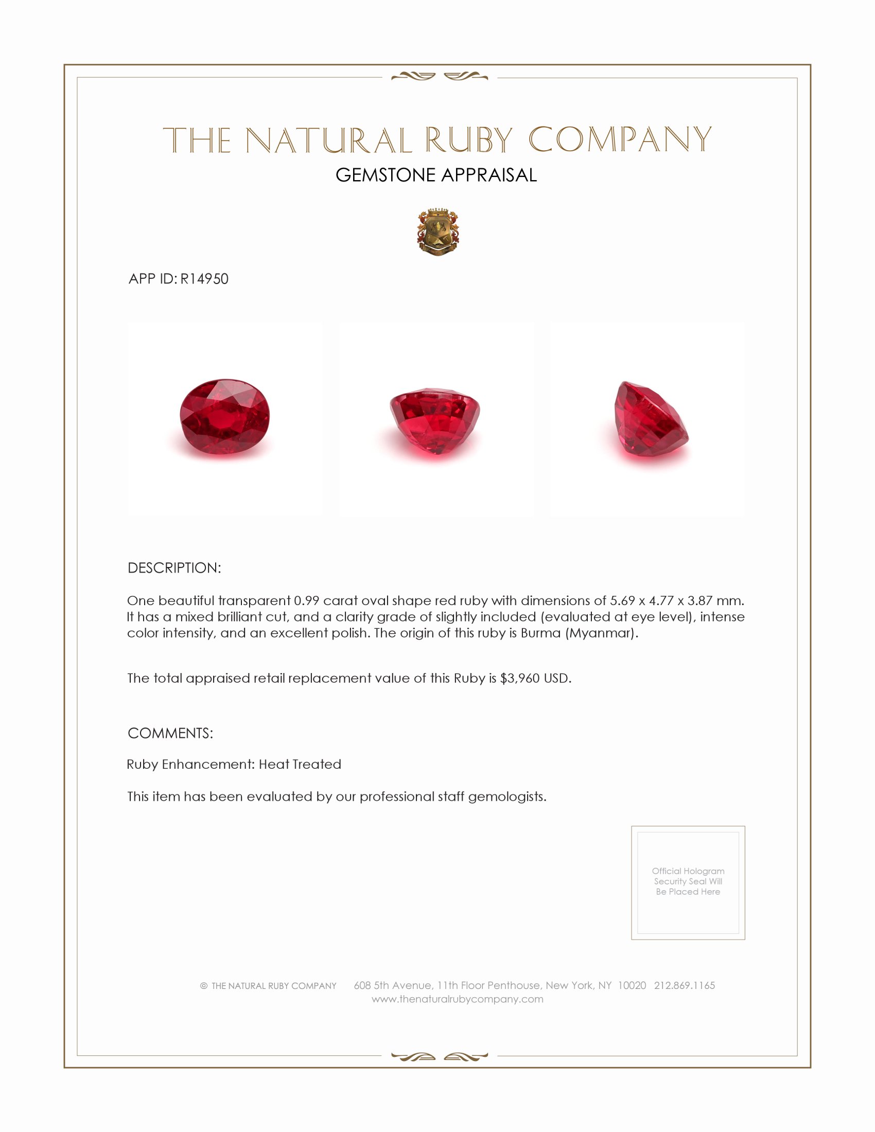 0.99 Ct. Ruby from Burma (Myanmar)
