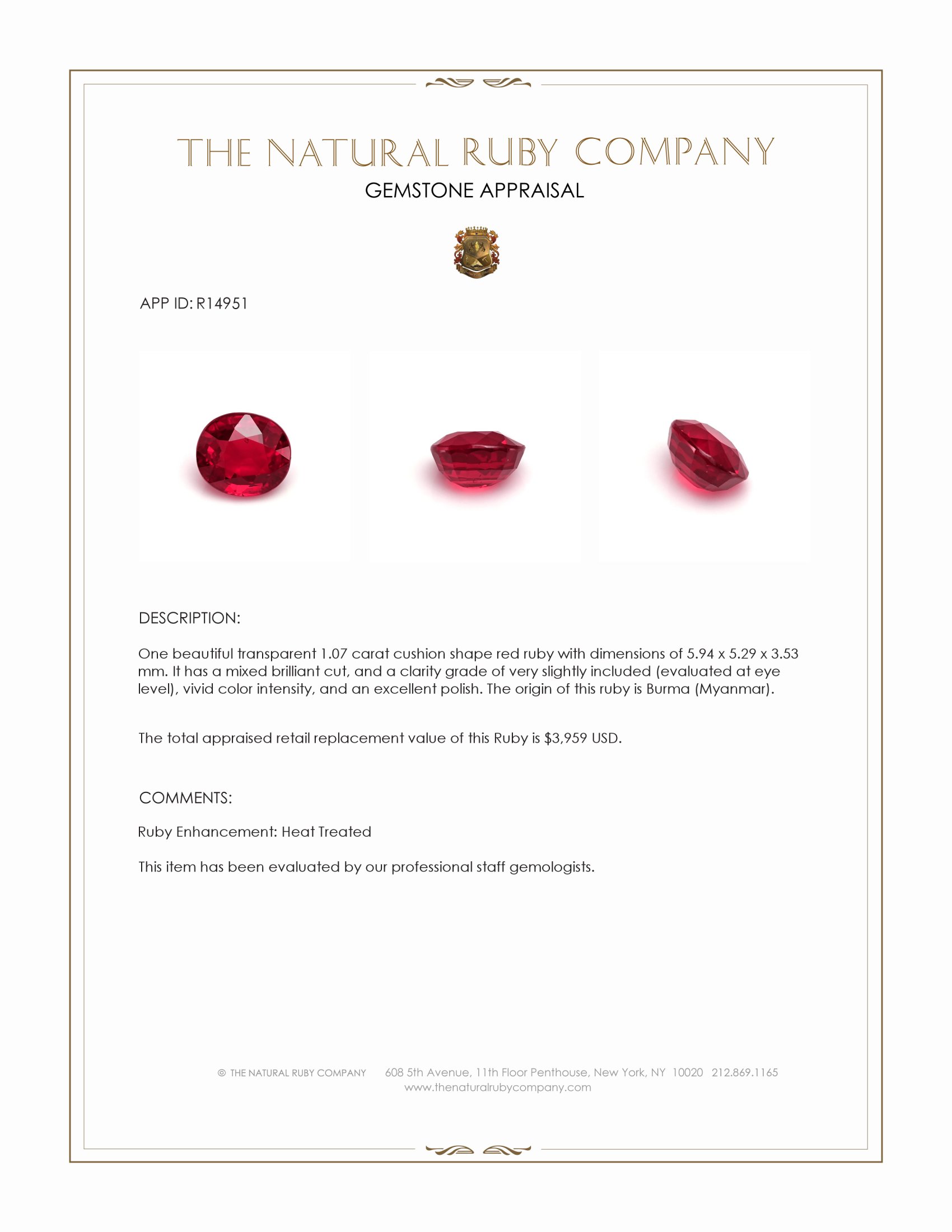 1.07 Ct. Ruby from Burma (Myanmar)