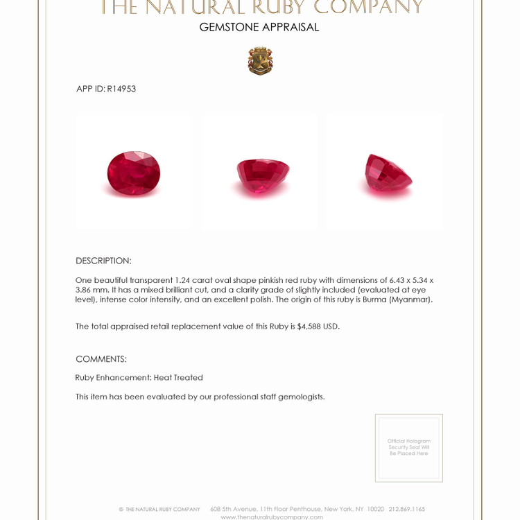 1.24 Ct. Ruby from Burma (Myanmar)